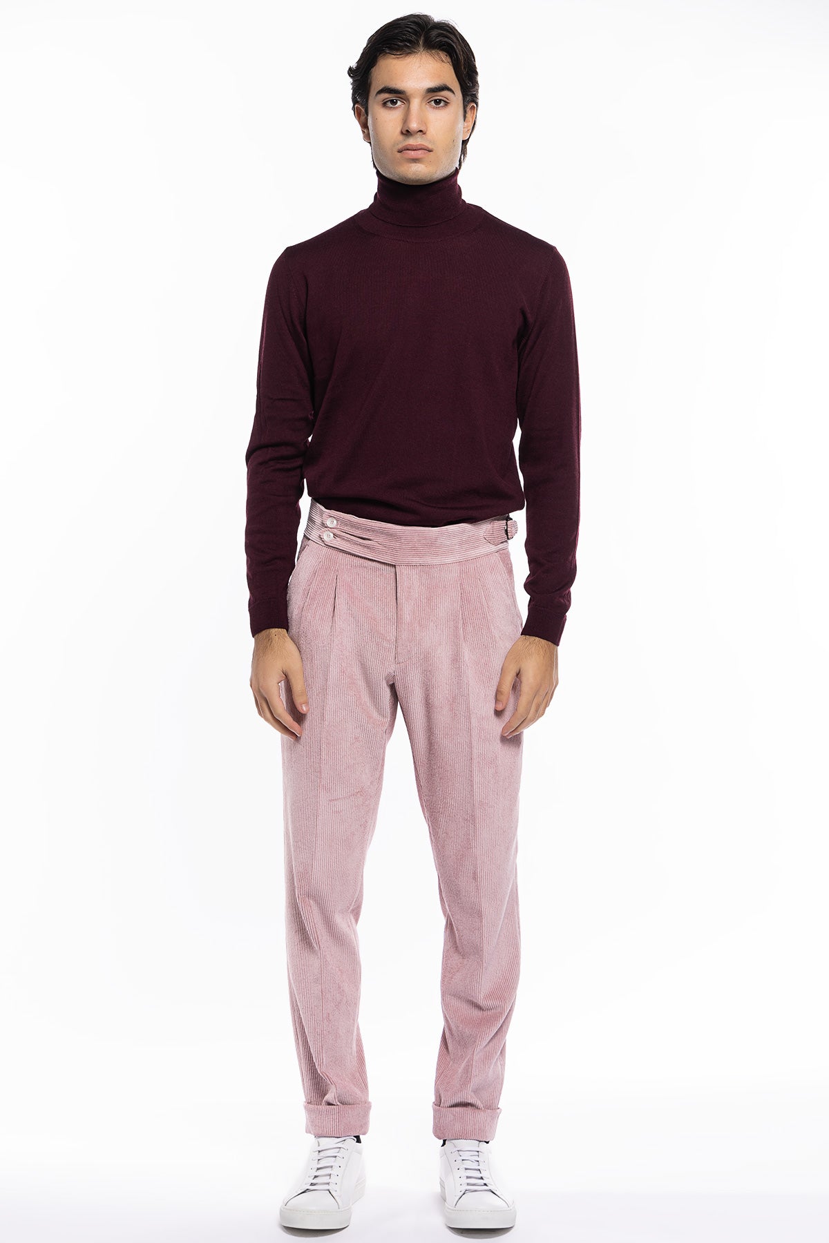 Pantalone uomo rosa vita alta biforcato doppia pinces in velluto a costine strette