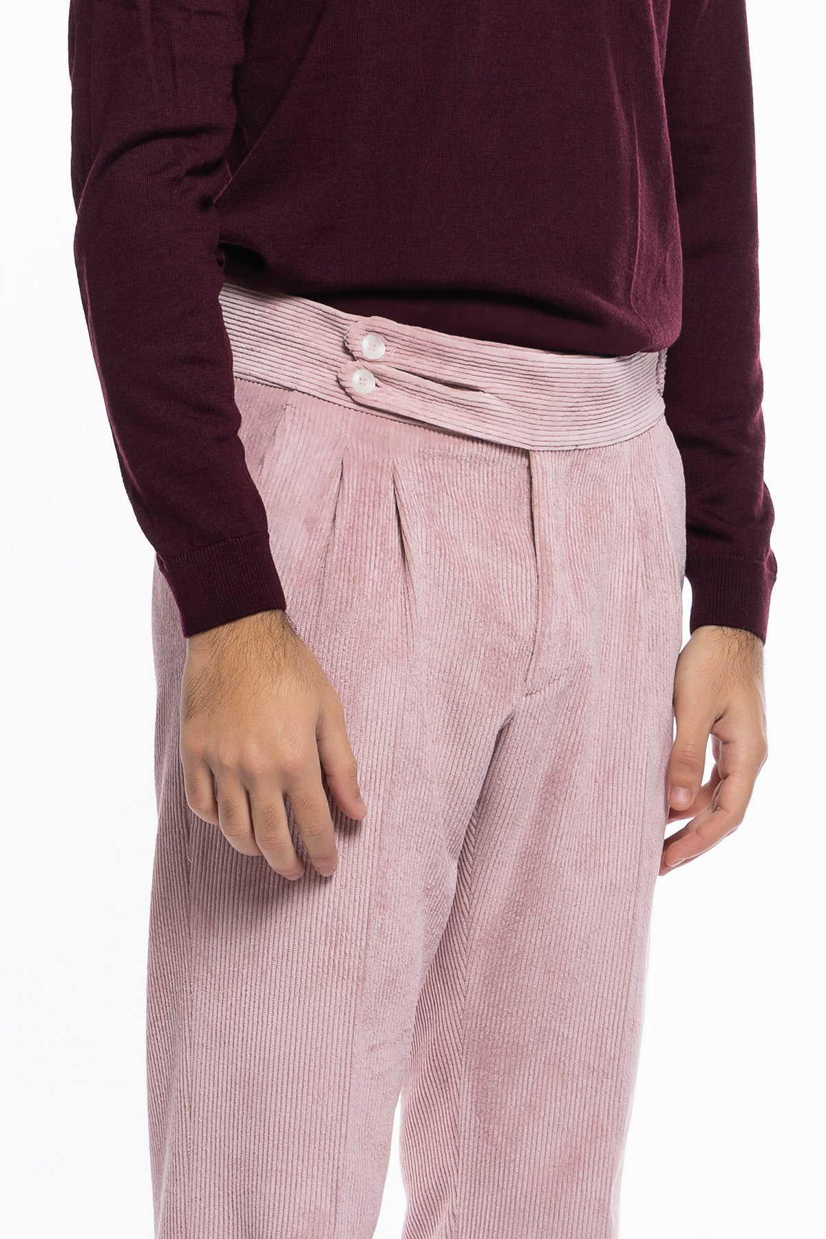 Pantalone uomo rosa vita alta biforcato doppia pinces in velluto a costine strette