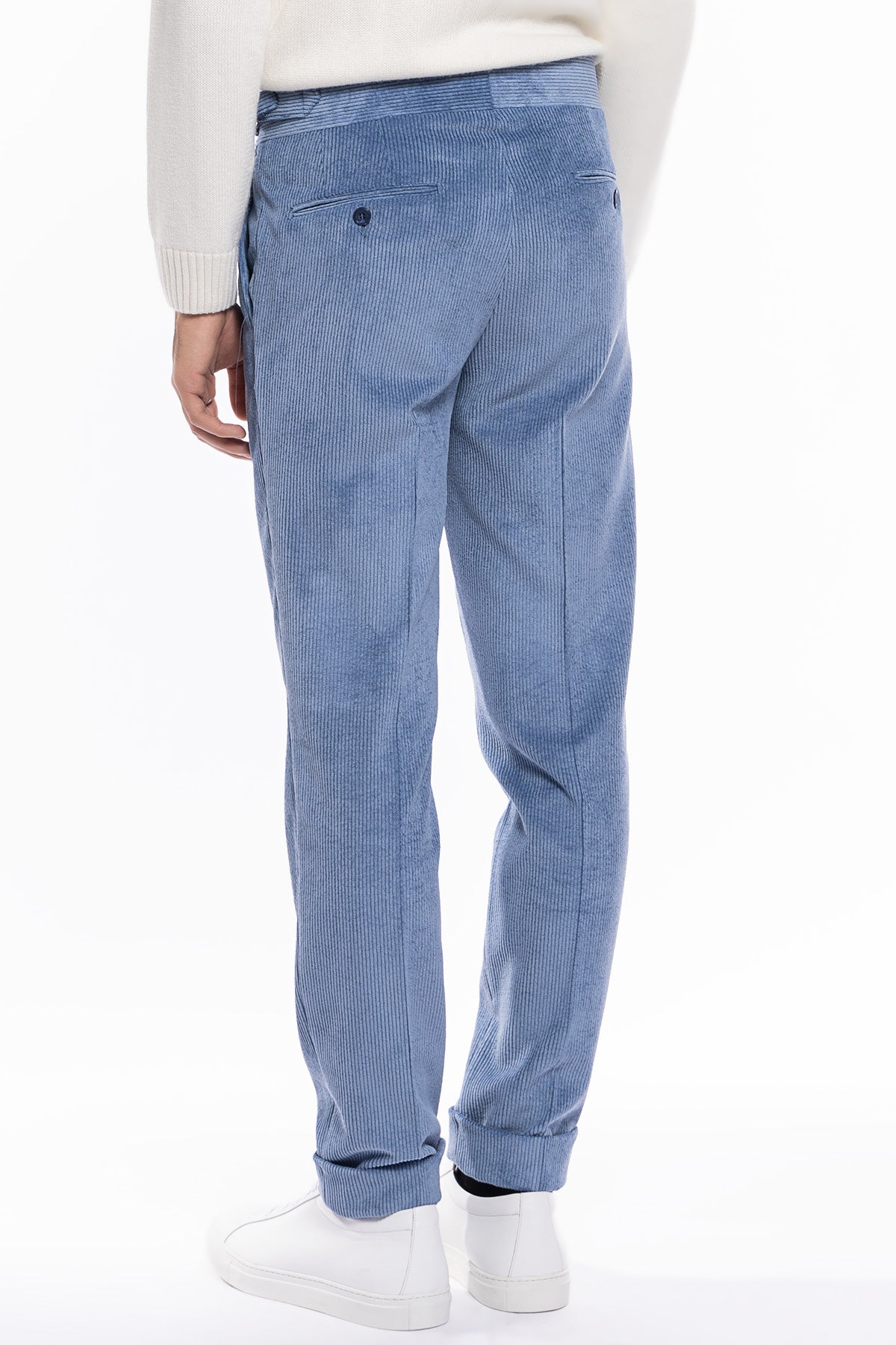 Pantalone uomo celeste vita alta biforcato doppia pinces in velluto a costine strette