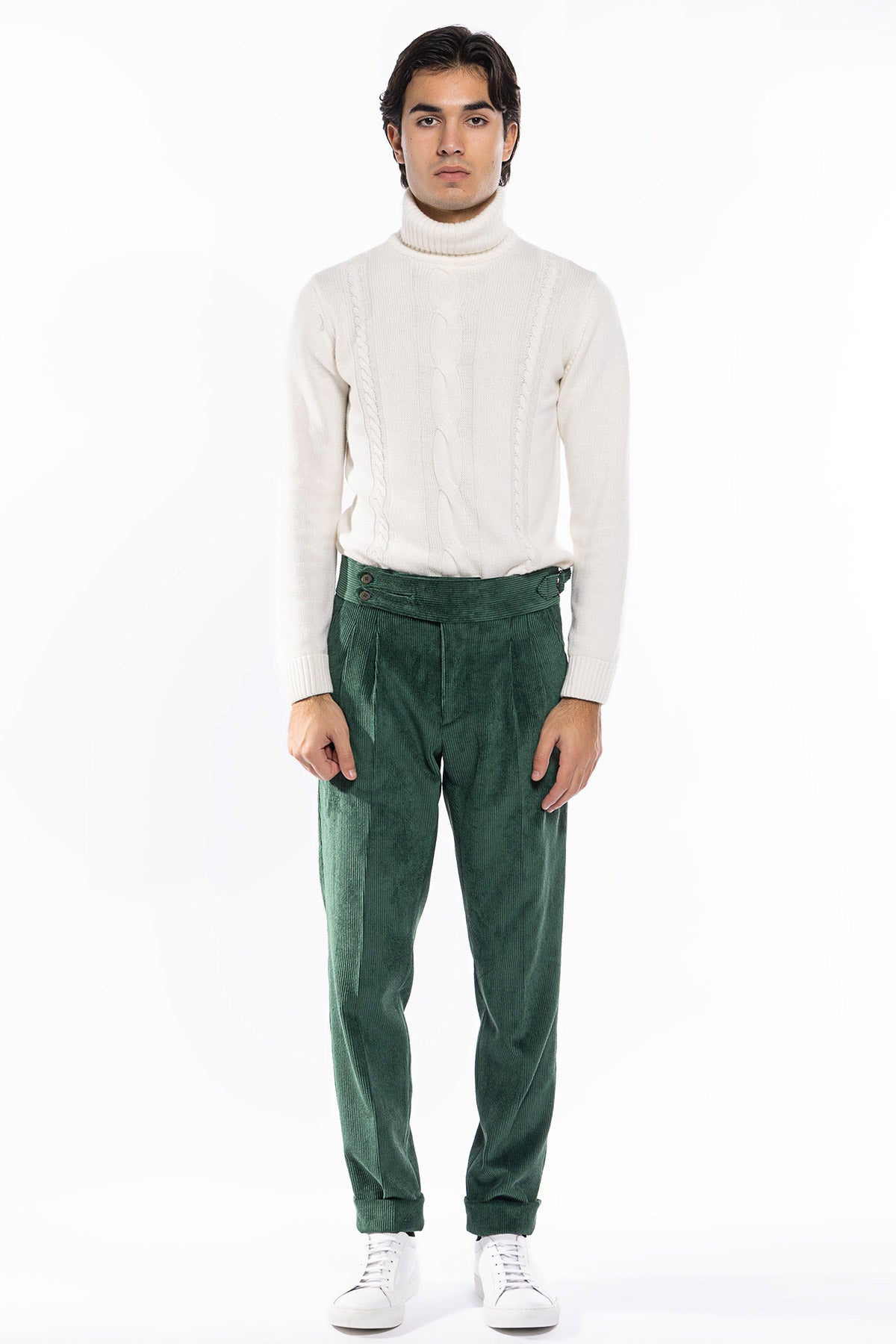 Pantalone uomo verde Bottiglia vita alta biforcato doppia pinces in velluto a costine strette