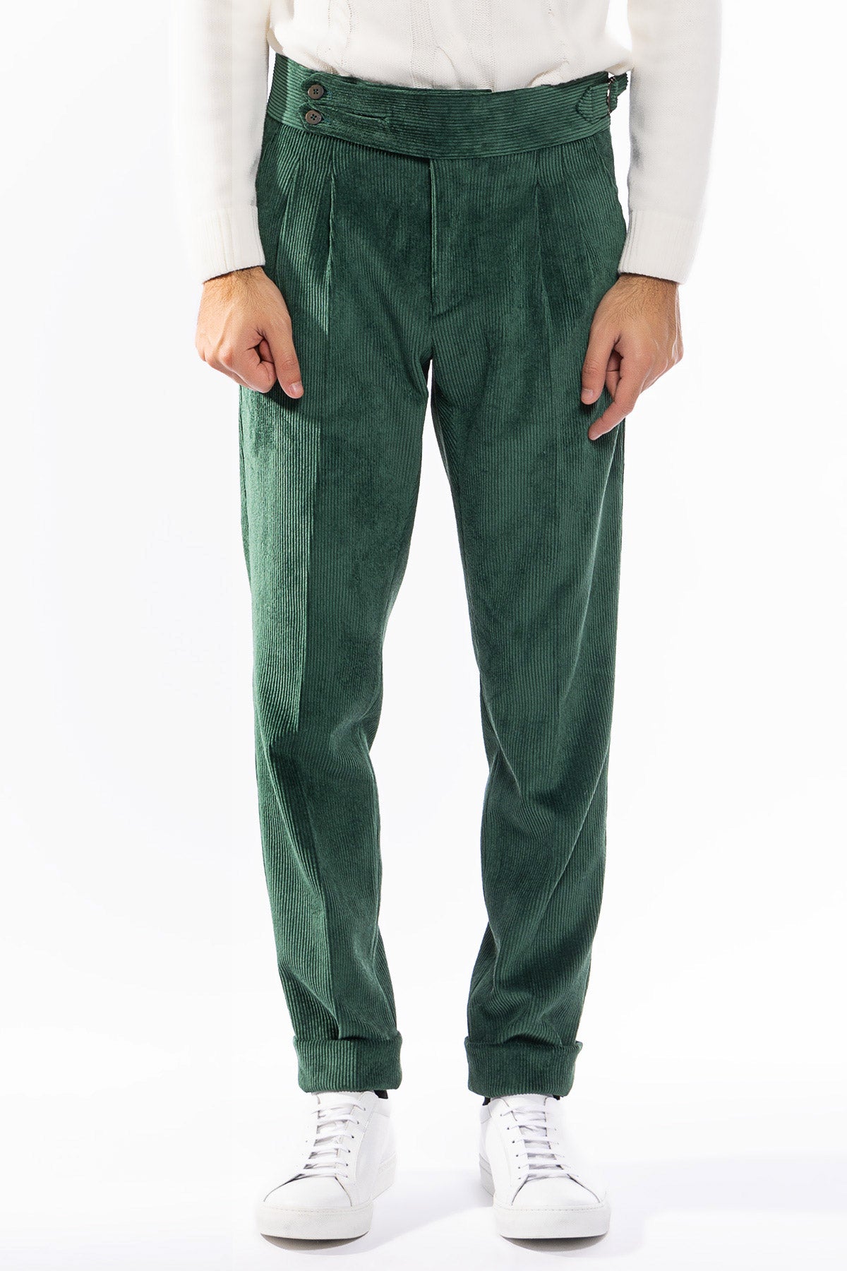 Pantalone uomo verde Bottiglia vita alta biforcato doppia pinces in velluto a costine strette