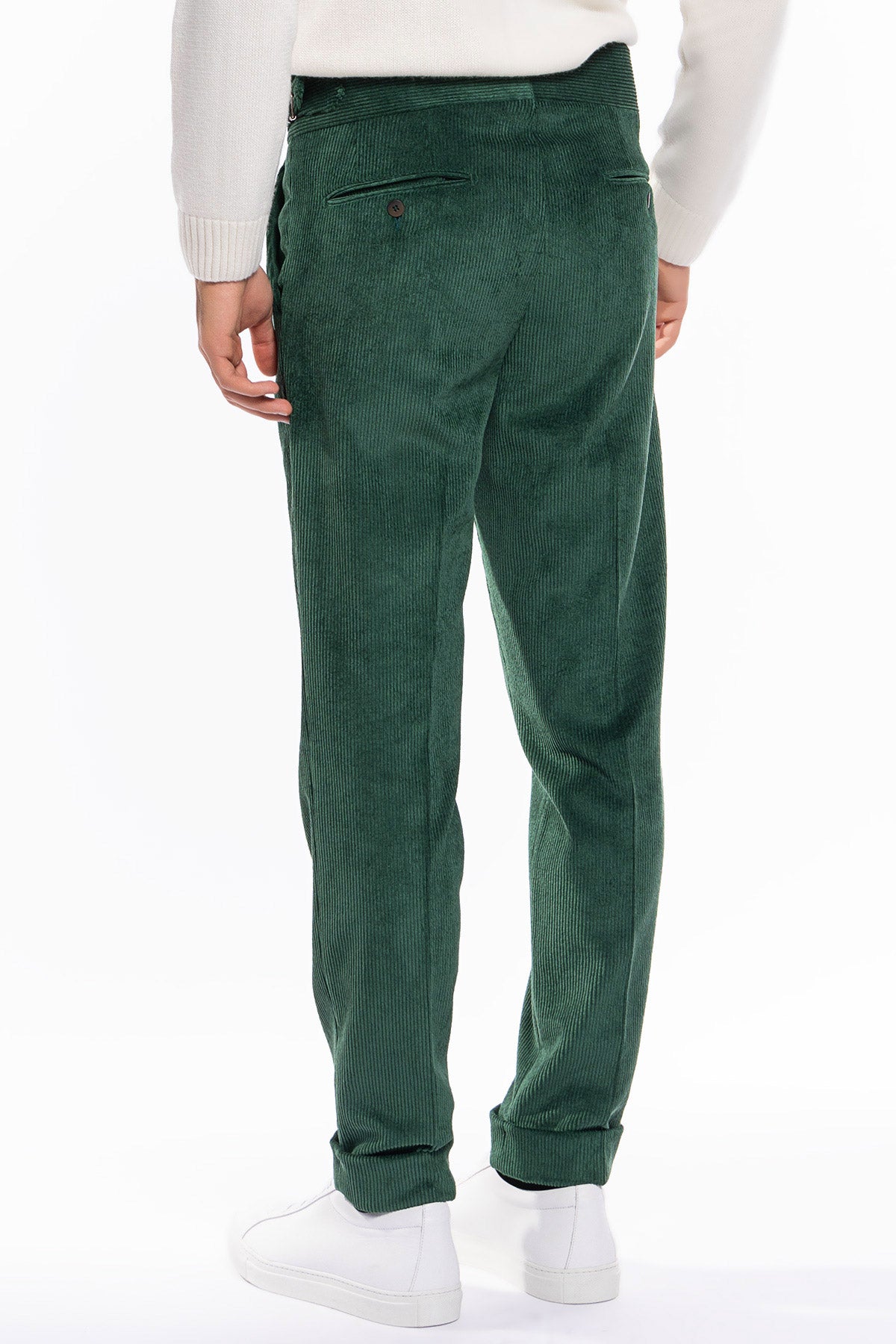 Pantalone uomo verde Bottiglia vita alta biforcato doppia pinces in velluto a costine strette