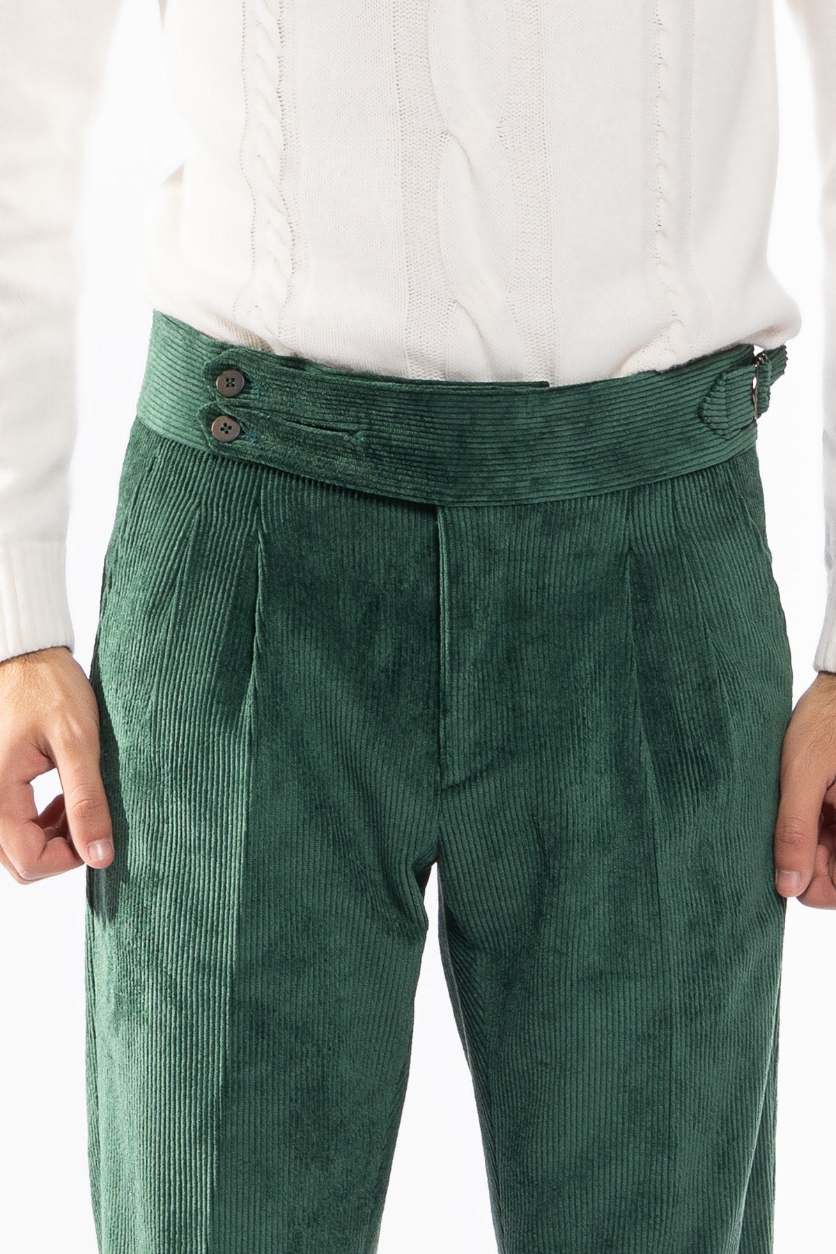 Pantalone uomo verde Bottiglia vita alta biforcato doppia pinces in velluto a costine strette