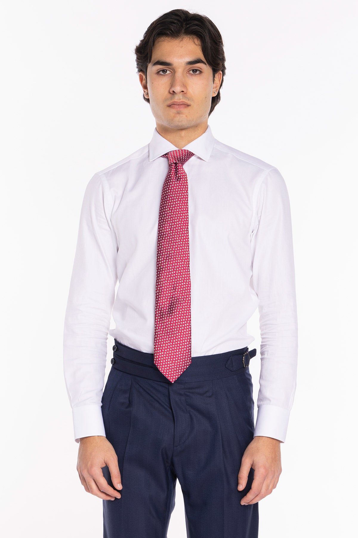 Cravatta uomo rossa fantasia fiorellini bianchi 9cm da cerimonia elegante pura seta