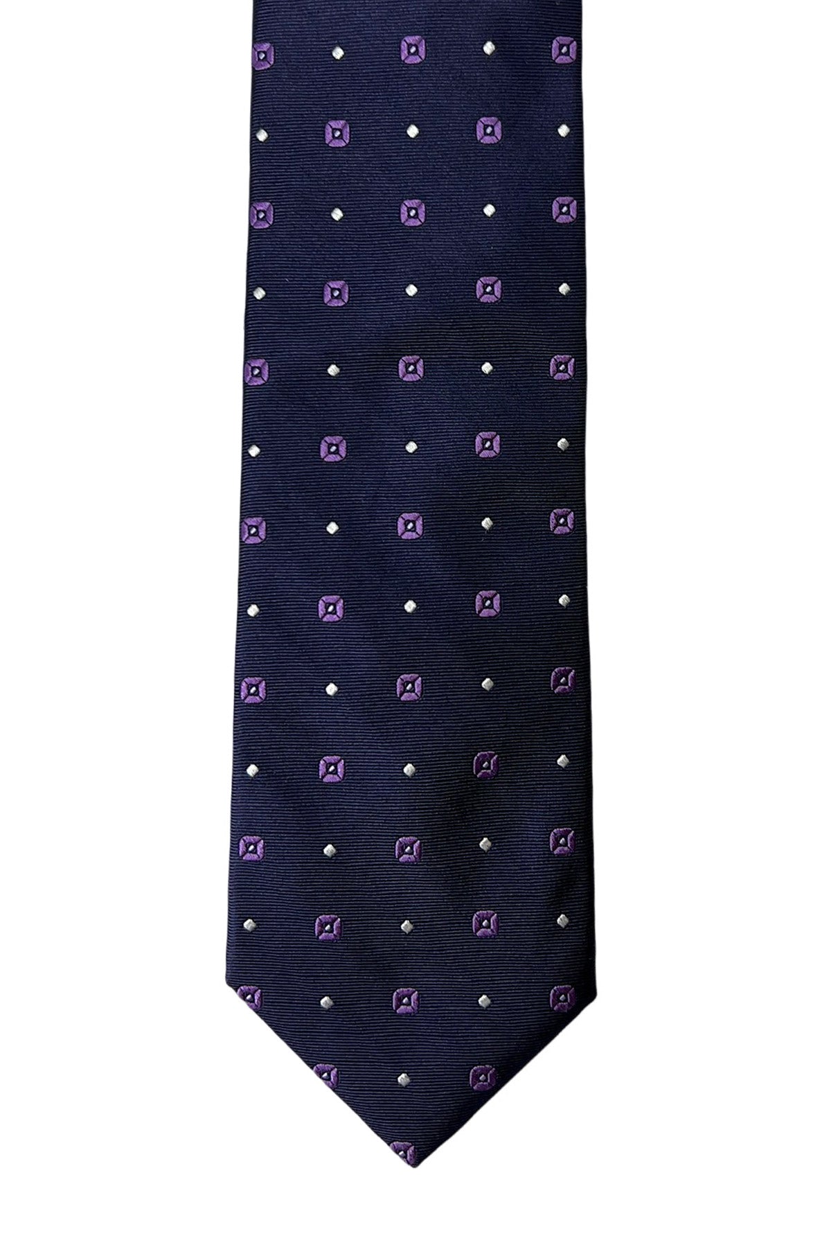 Cravatta uomo blu fantasia viola e bianca 9cm da cerimonia elegante pura seta