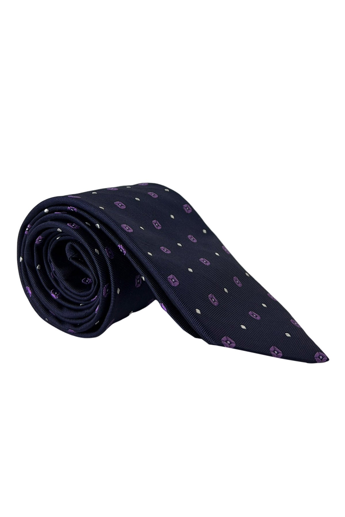 Cravatta uomo blu fantasia viola e bianca 9cm da cerimonia elegante pura seta