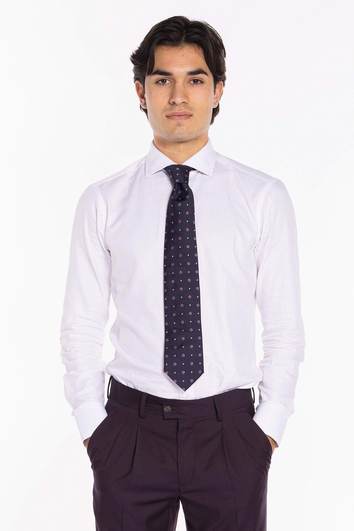 Cravatta uomo blu fantasia viola e bianca 9cm da cerimonia elegante pura seta