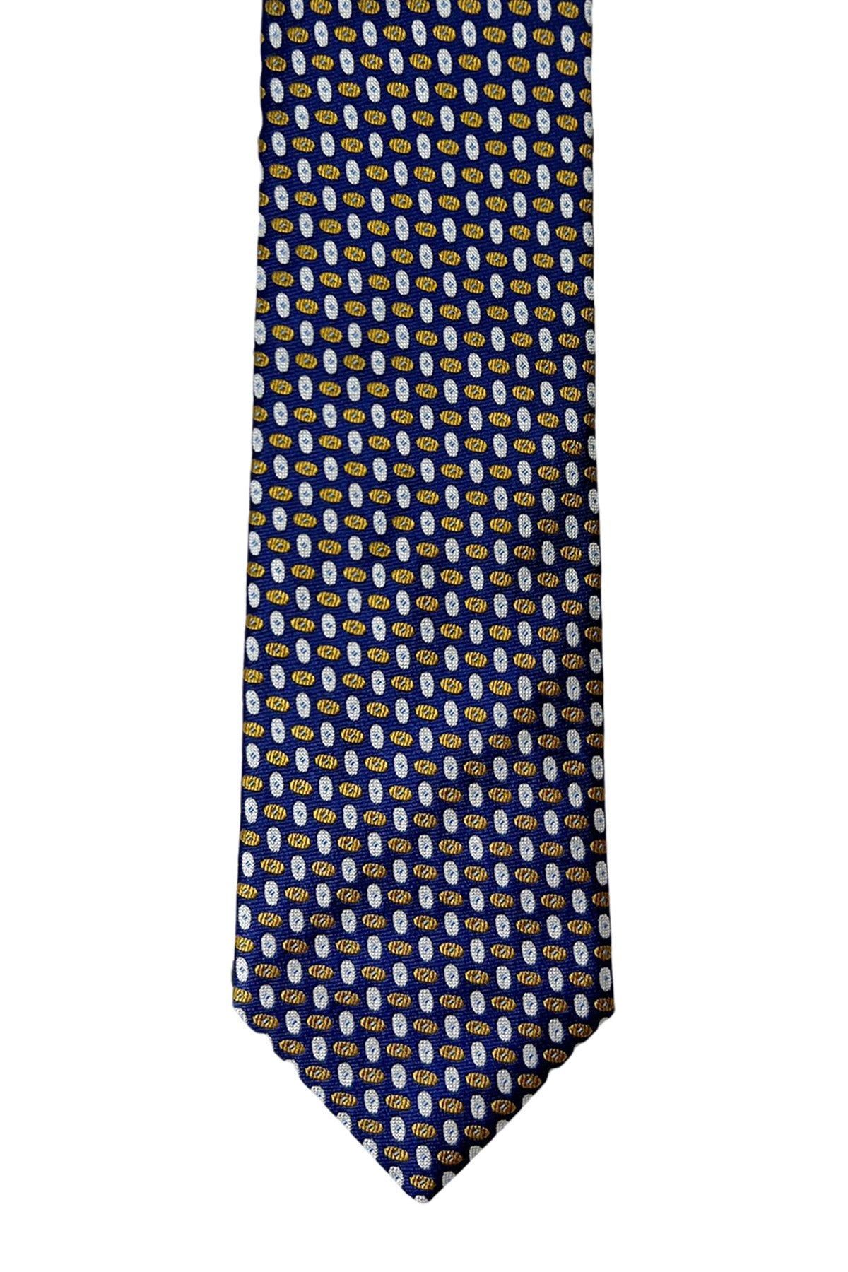 Cravatta uomo blu fantasia ovali multicolor bianchi e senape 9cm da cerimonia elegante pura seta