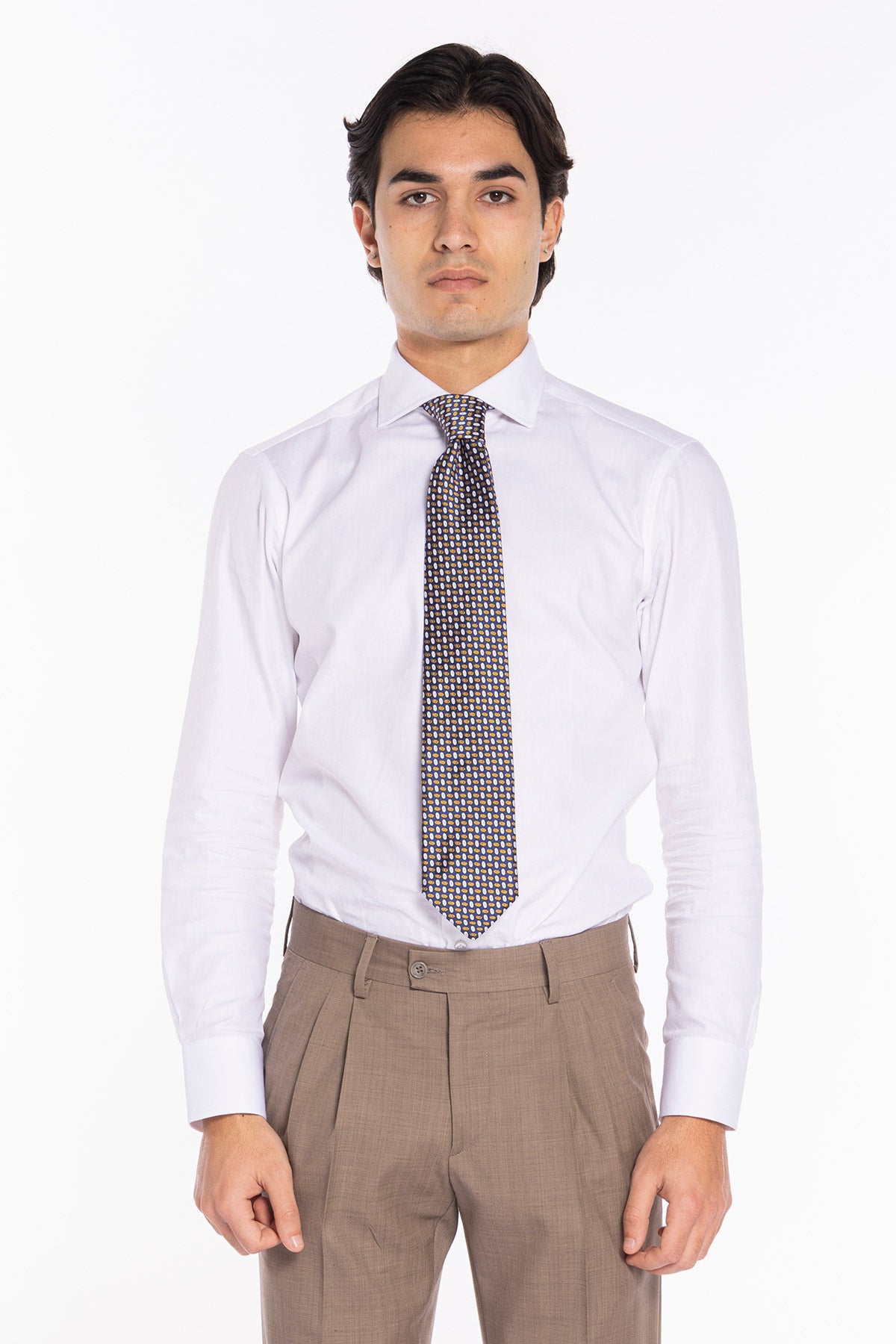 Cravatta uomo blu fantasia ovali multicolor bianchi e senape 9cm da cerimonia elegante pura seta