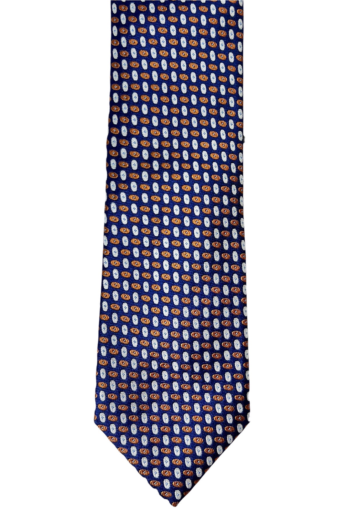 Cravatta uomo blu fantasia ovali multicolor bianchi e arancio 9cm da cerimonia elegante pura seta