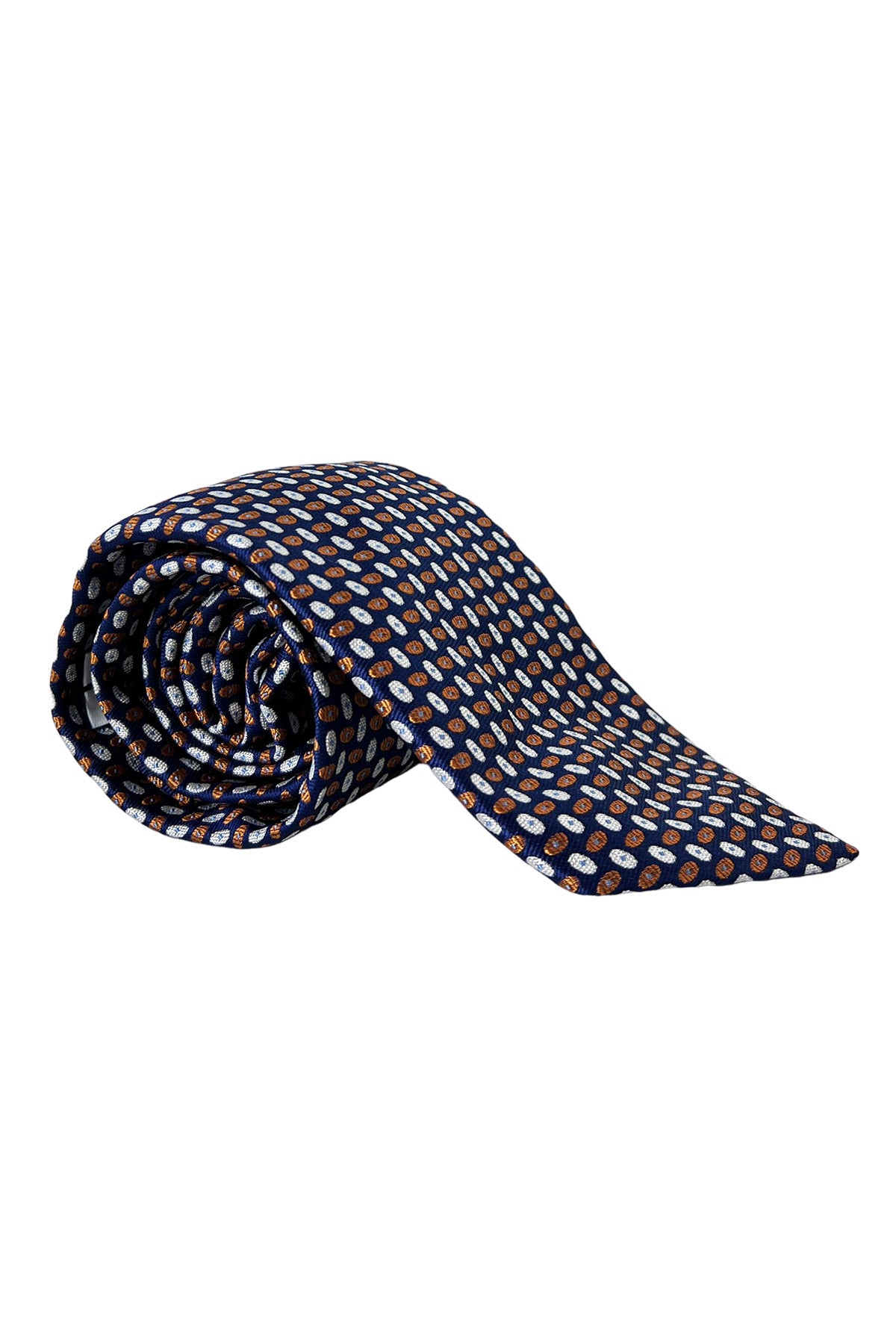 Cravatta uomo blu fantasia ovali multicolor bianchi e arancio 9cm da cerimonia elegante pura seta