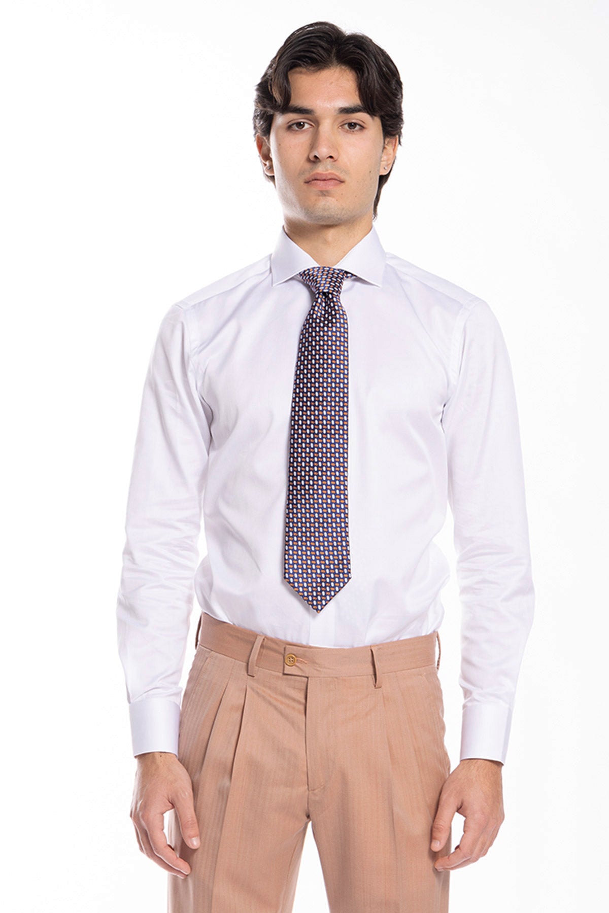 Cravatta uomo blu fantasia ovali multicolor bianchi e arancio 9cm da cerimonia elegante pura seta