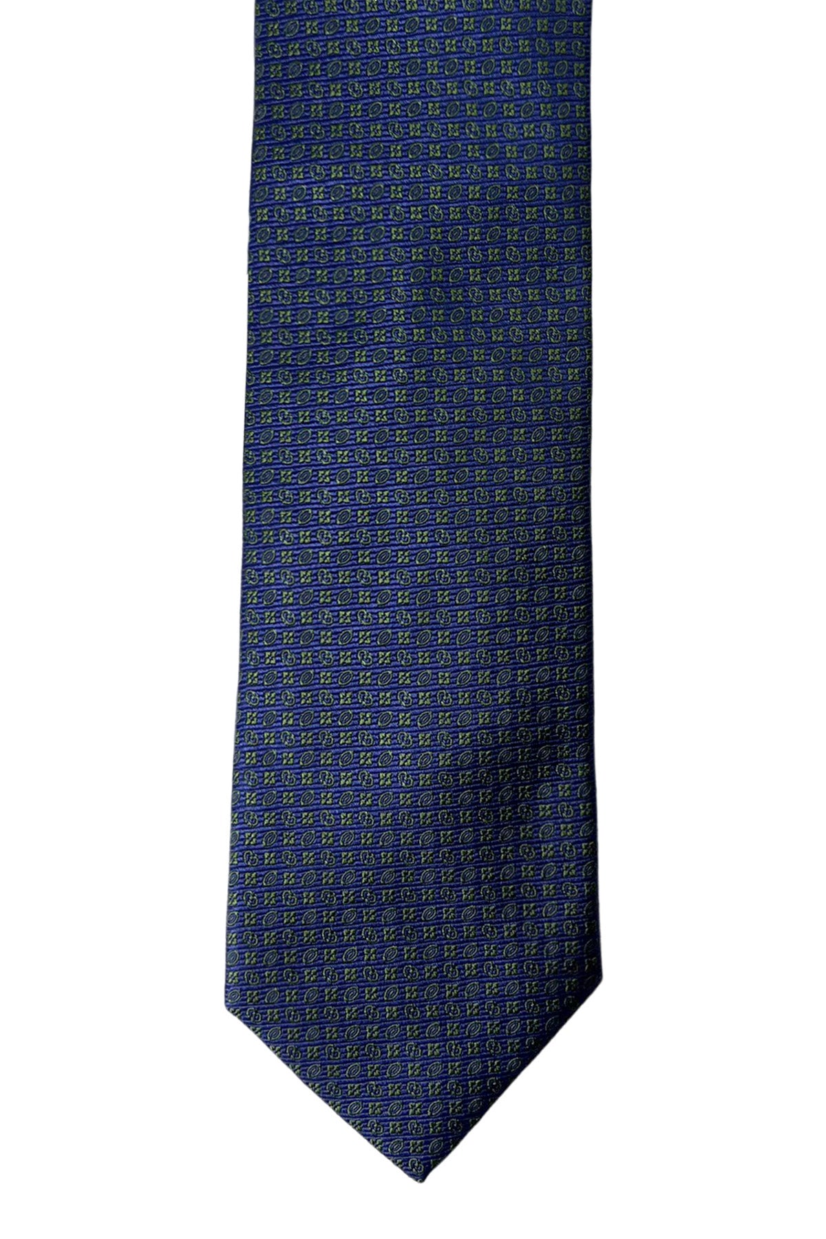 Cravatta uomo bluette fantasia fiori e foglie verdi 9cm da cerimonia elegante pura seta