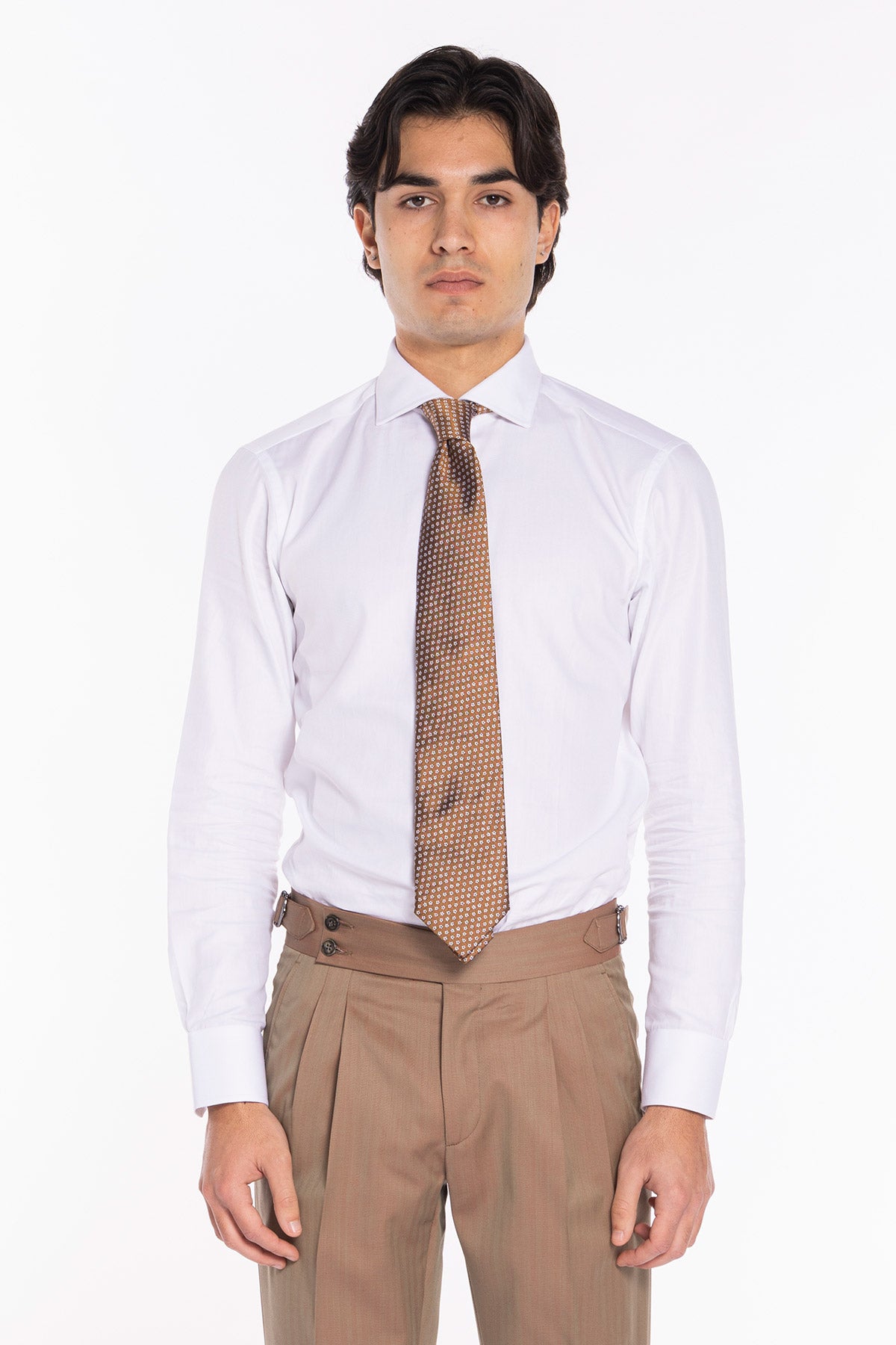Cravatta uomo coccio fantasia fiorellini bianchi 9cm da cerimonia elegante pura seta