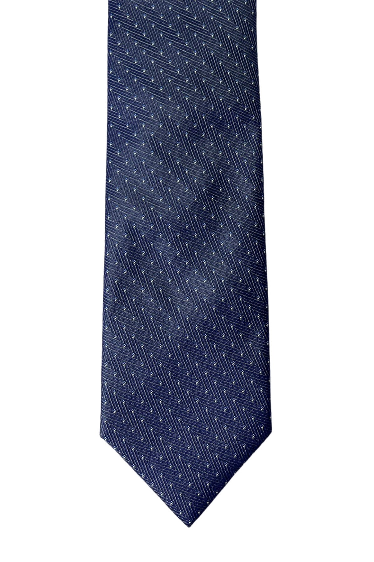 Cravatta uomo color denim fantasia pois bianchi e celesti 9cm da cerimonia elegante pura seta