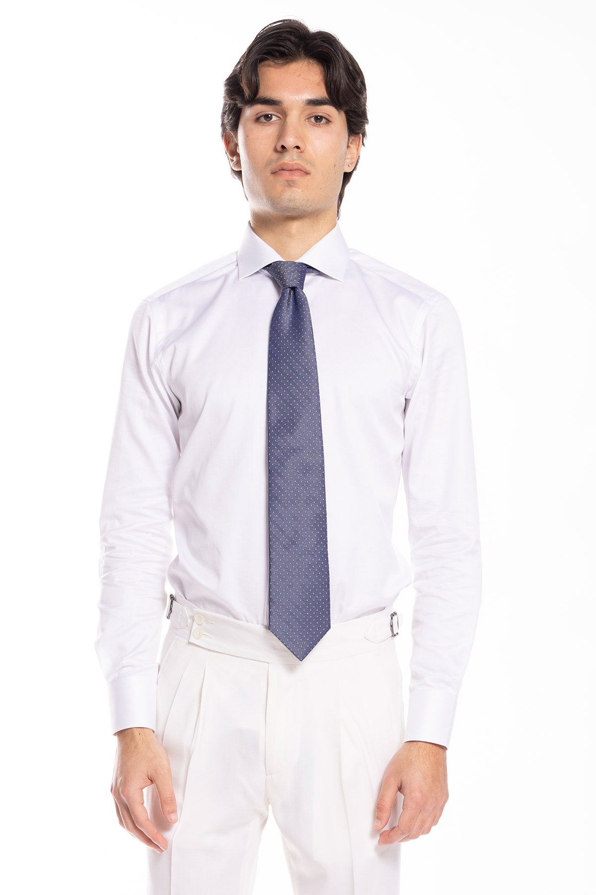 Cravatta uomo color denim fantasia pois bianchi e celesti 9cm da cerimonia elegante pura seta