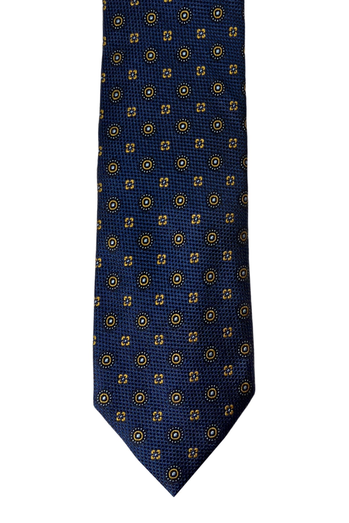 Cravatta uomo blu fantasia fiori e cerchi gialli 9cm da cerimonia elegante pura seta