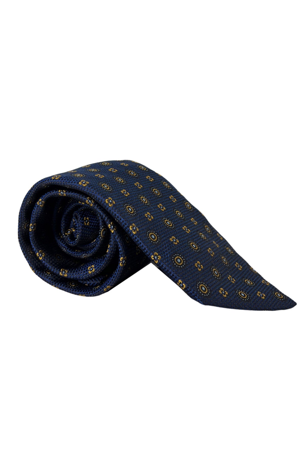 Cravatta uomo blu fantasia fiori e cerchi gialli 9cm da cerimonia elegante pura seta