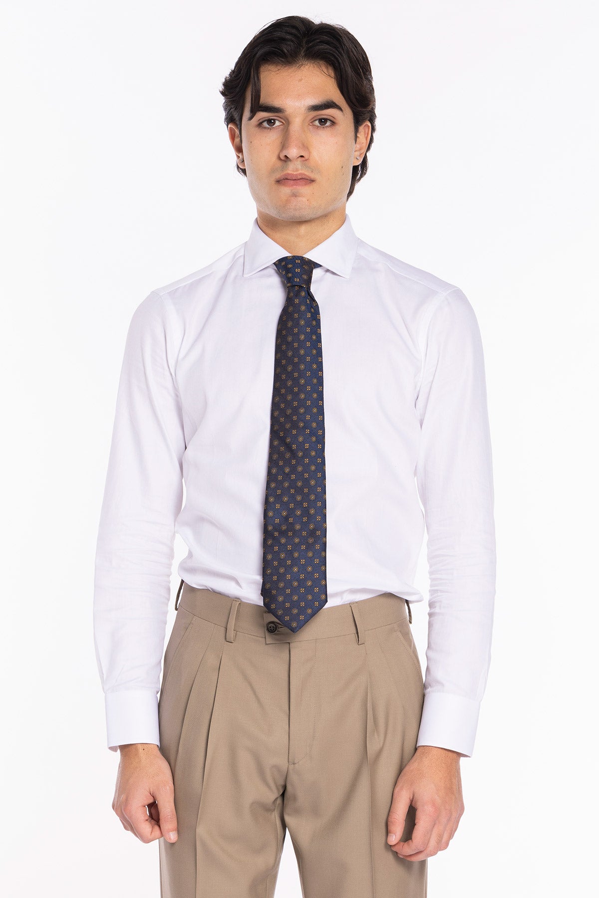 Cravatta uomo blu fantasia fiori e cerchi gialli 9cm da cerimonia elegante pura seta