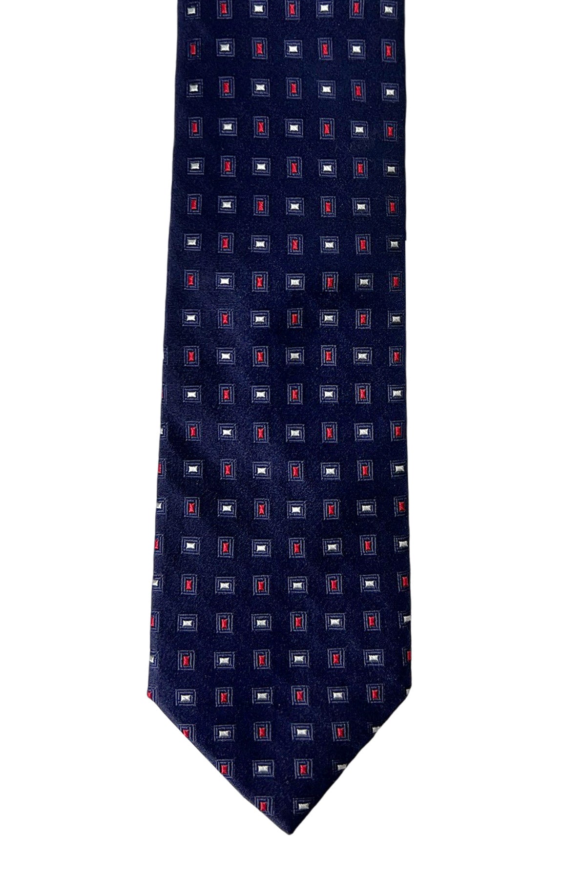 Cravatta uomo blu fantasia quadrati rossi e bianchi 9cm da cerimonia elegante pura seta