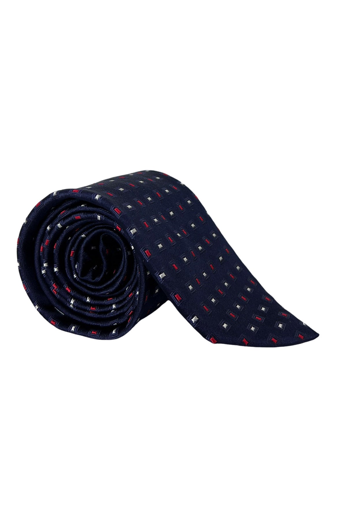 Cravatta uomo blu fantasia quadrati rossi e bianchi 9cm da cerimonia elegante pura seta
