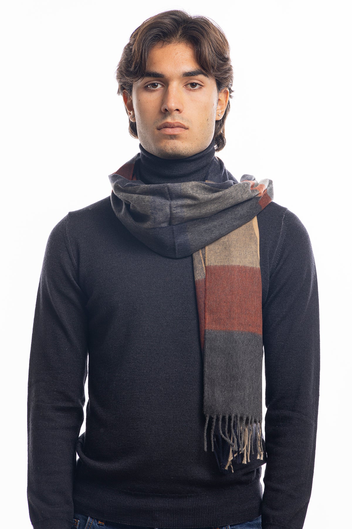 Sciarpa uomo invernale effetto lana cashmere Marrone fantasia quadri multicolor