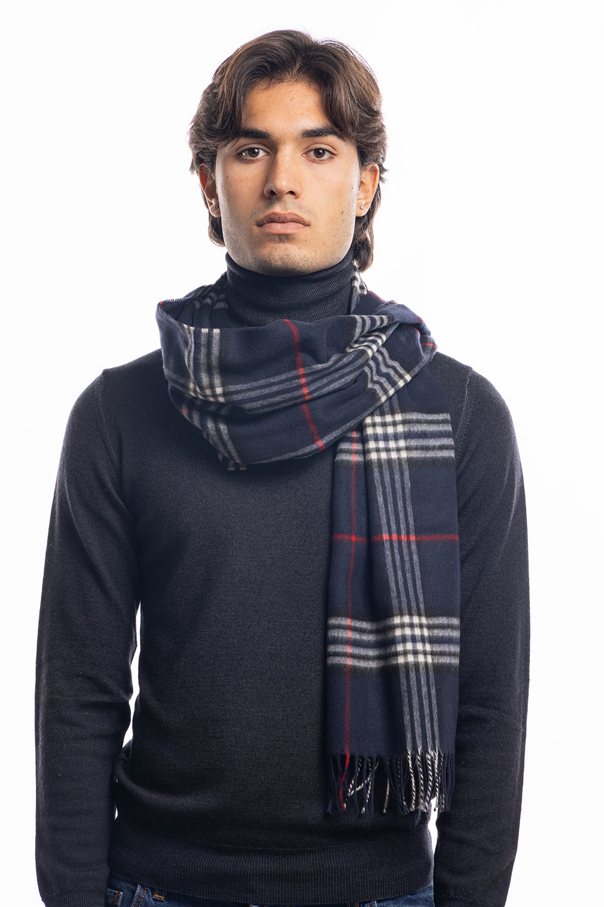 Sciarpa uomo invernale effetto lana cashmere navy blu fantasia quadri multicolor