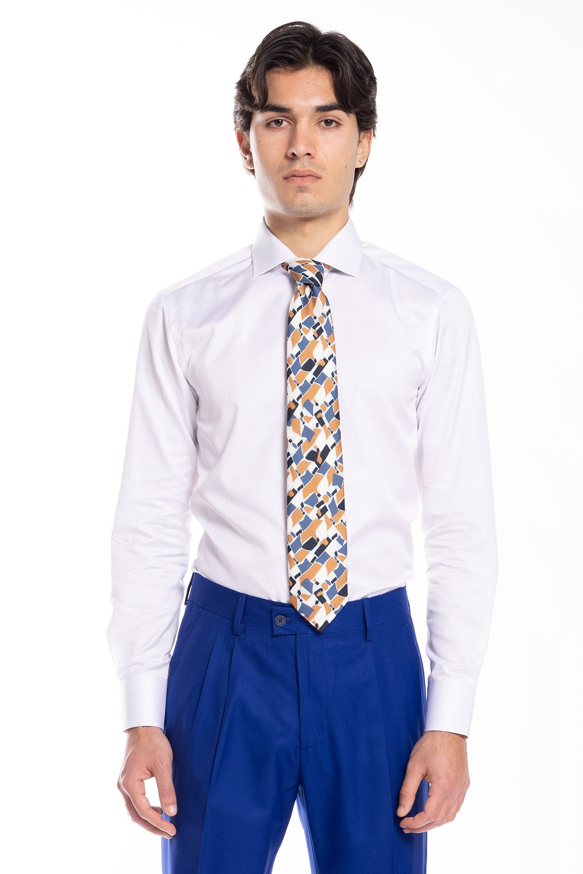 Cravatta uomo bluette fantasia multicolor bianca coccio e nera 9cm da cerimonia elegante pura seta