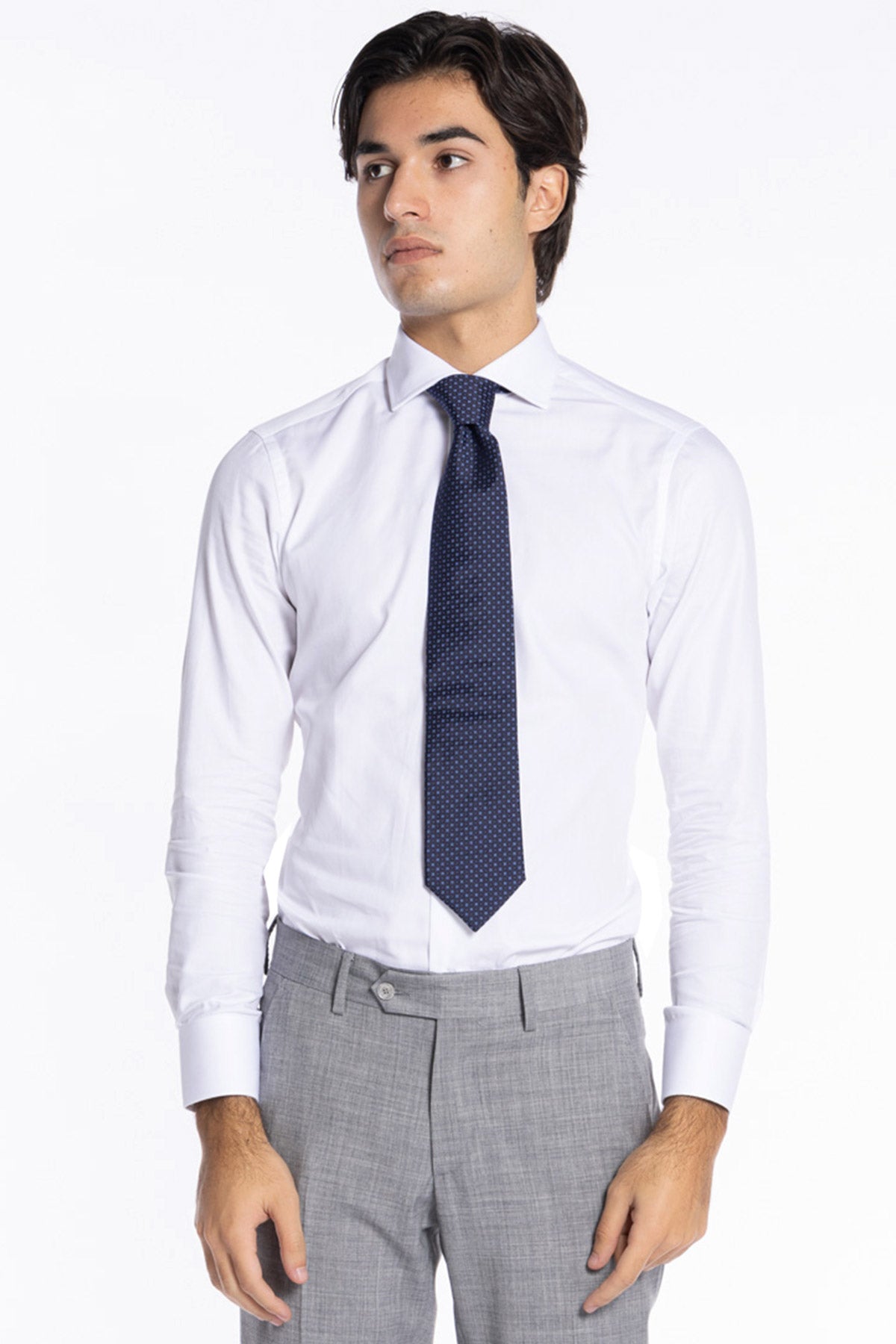 Camicia Uomo bianca slim Fit 100% cotone Tinta unita collo semi francese Monti Tessuti