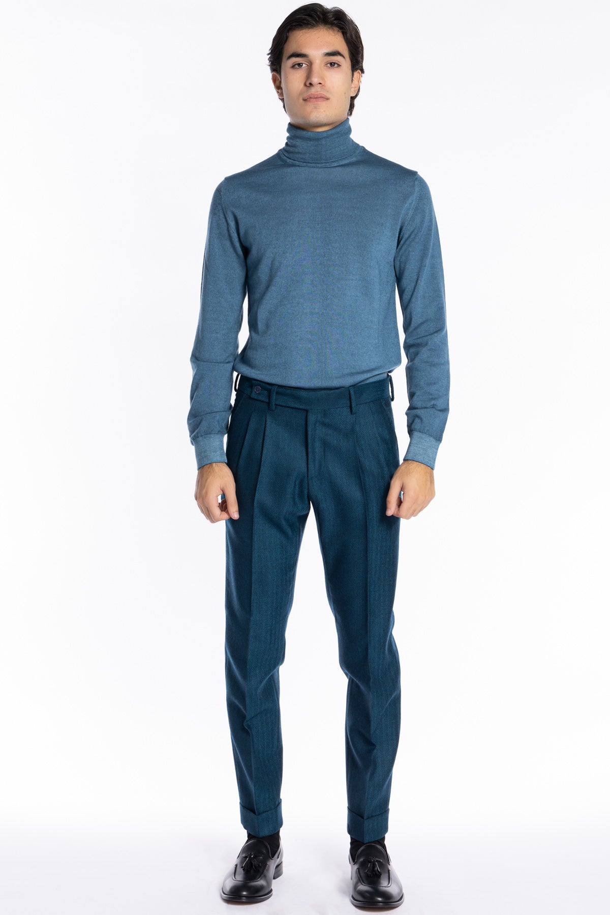 Pantalone uomo verde ottanio spigato chiusura prolungata doppia pinces in lana flanella al 100% Bristol Tessuti Napoli