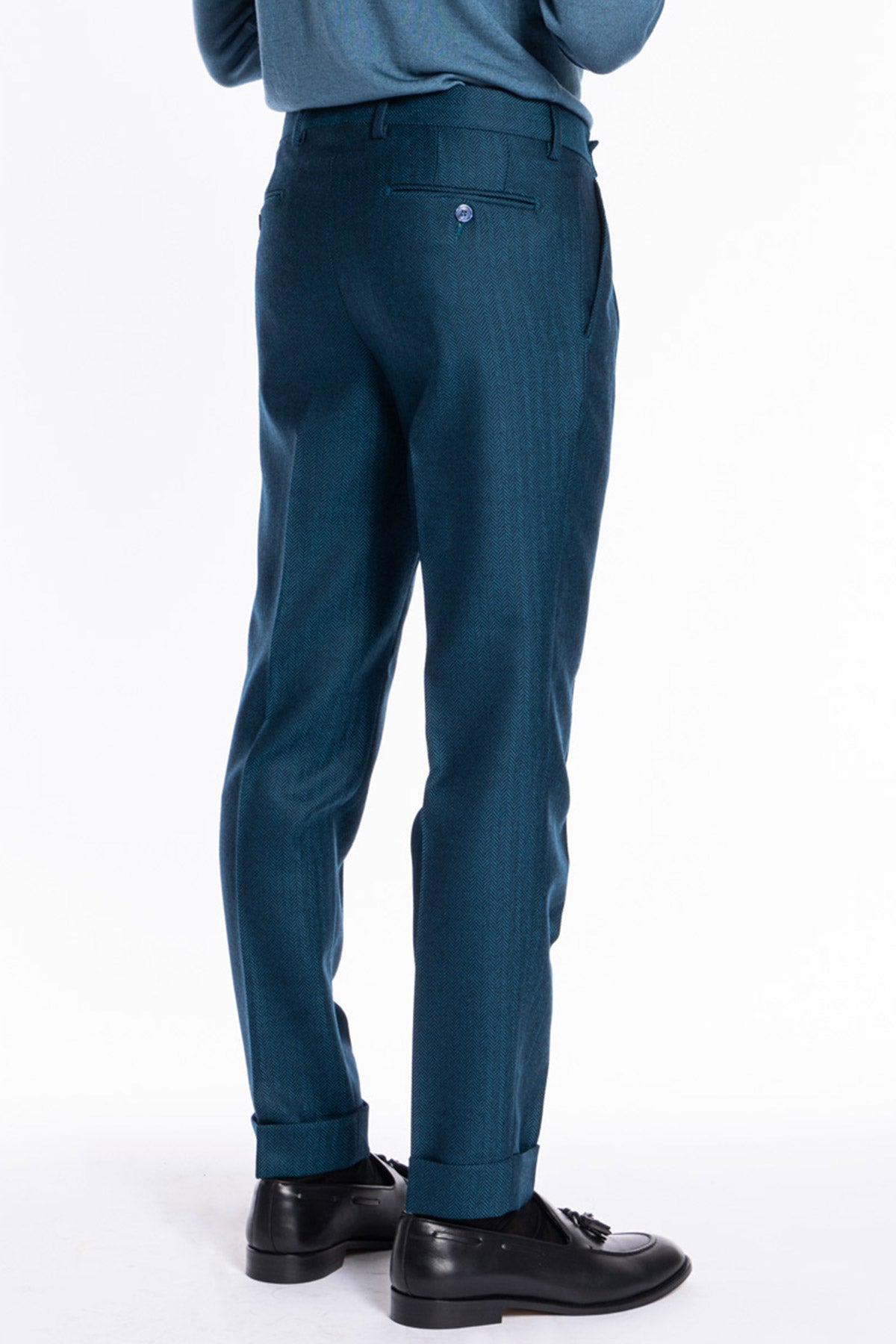 Pantalone uomo verde ottanio spigato chiusura prolungata doppia pinces in lana flanella al 100% Bristol Tessuti Napoli