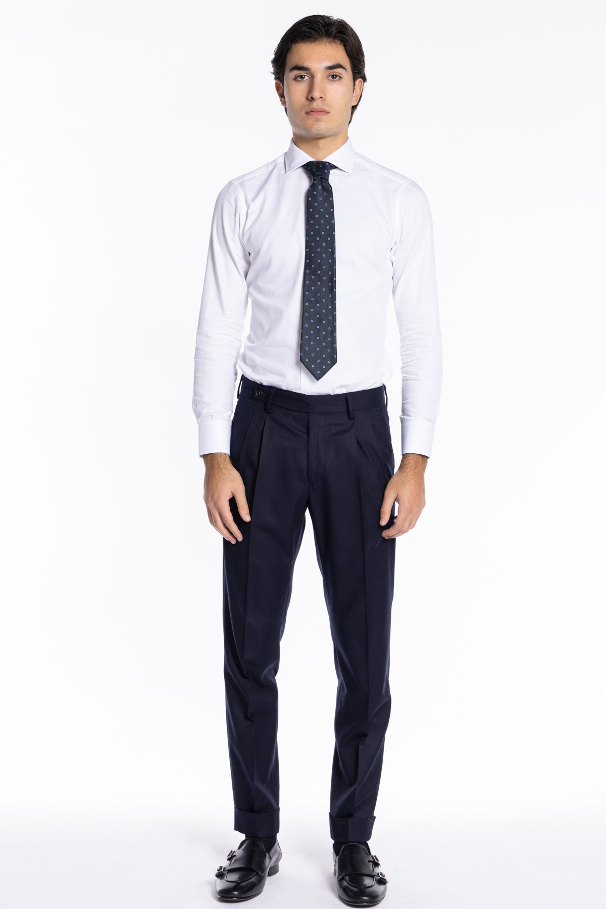 Pantalone uomo Navy blu chiusura prolungata doppia pinces in lana flanella al 100% Vitale Barberis Canonico