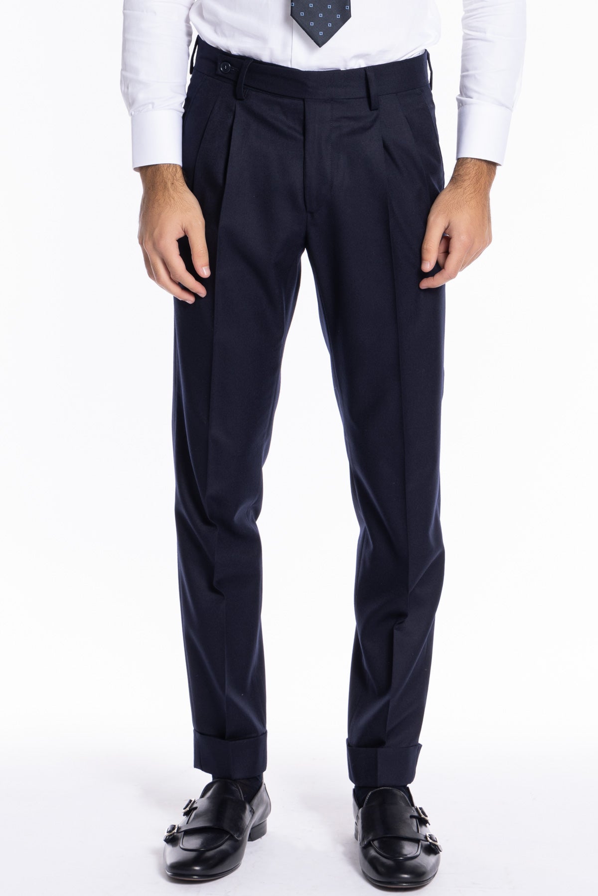 Pantalone uomo Navy blu chiusura prolungata doppia pinces in lana flanella al 100% Vitale Barberis Canonico