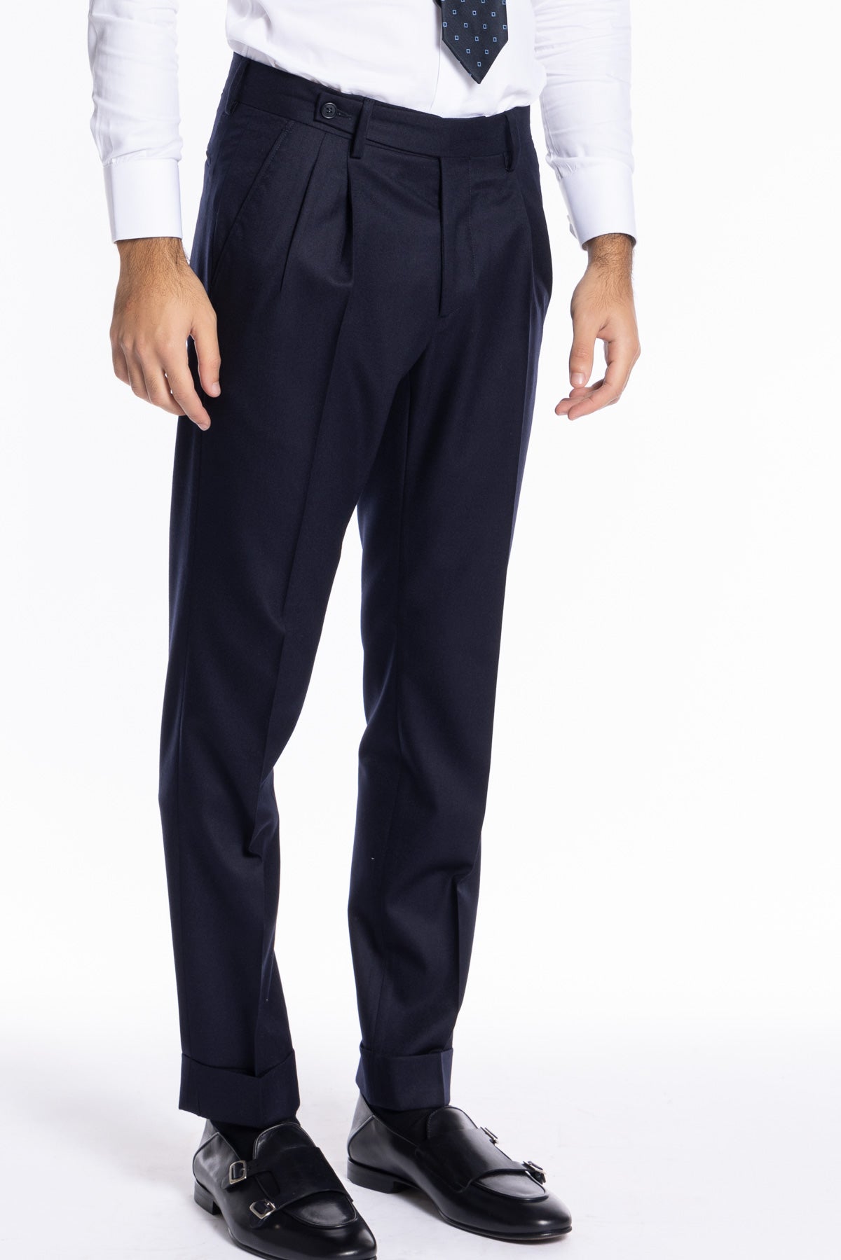Pantalone uomo Navy blu chiusura prolungata doppia pinces in lana flanella al 100% Vitale Barberis Canonico