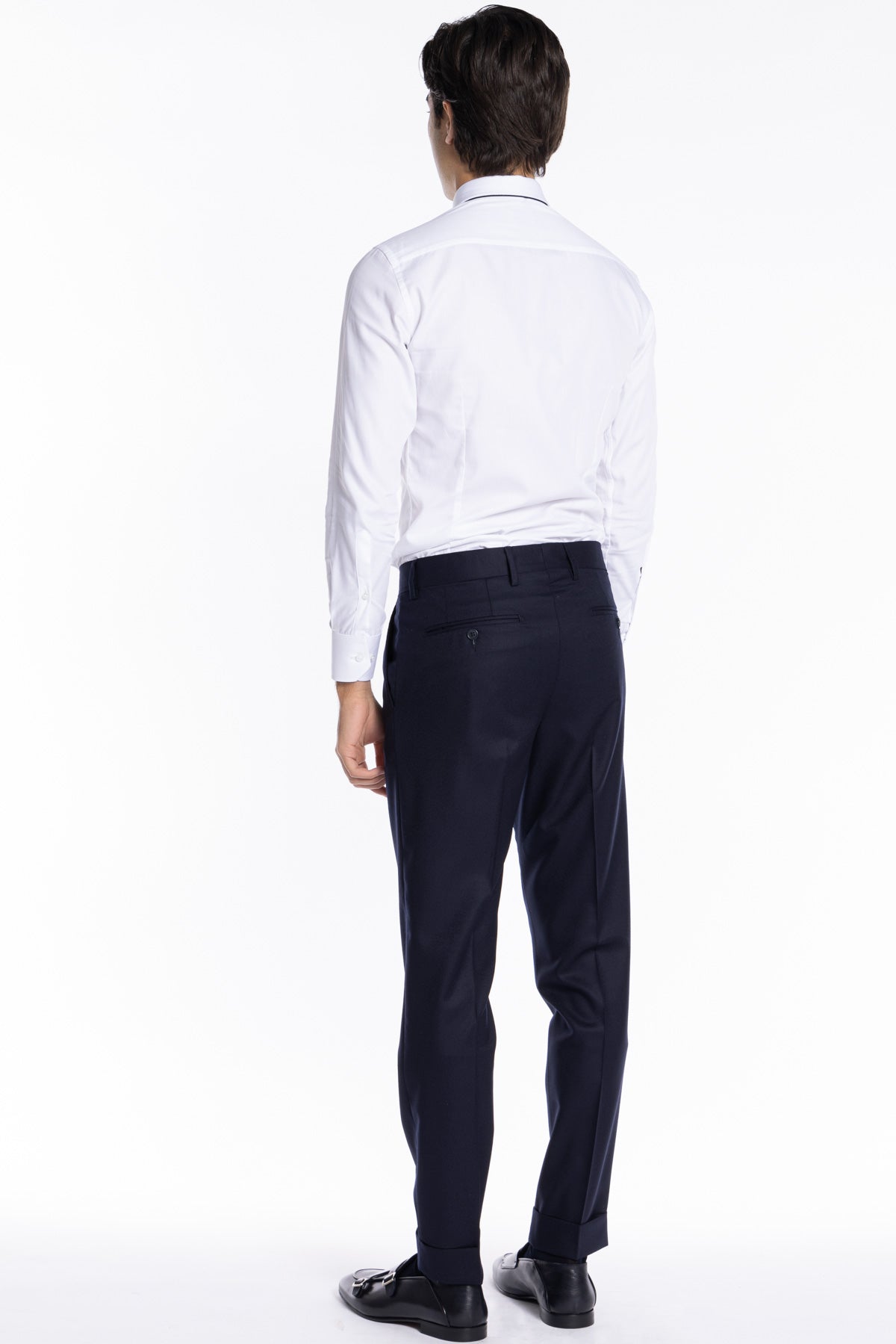 Pantalone uomo Navy blu chiusura prolungata doppia pinces in lana flanella al 100% Vitale Barberis Canonico