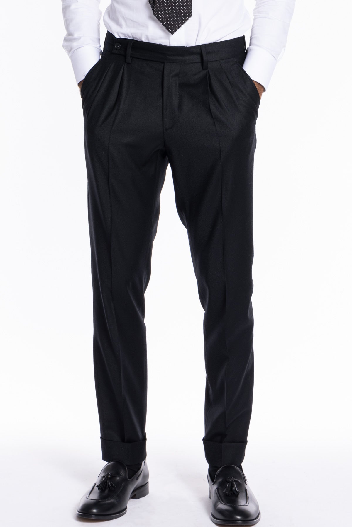 Pantalone uomo nero in lana e cashmere chiusura prolungata doppia pinces Bristol Tessuti Napoli