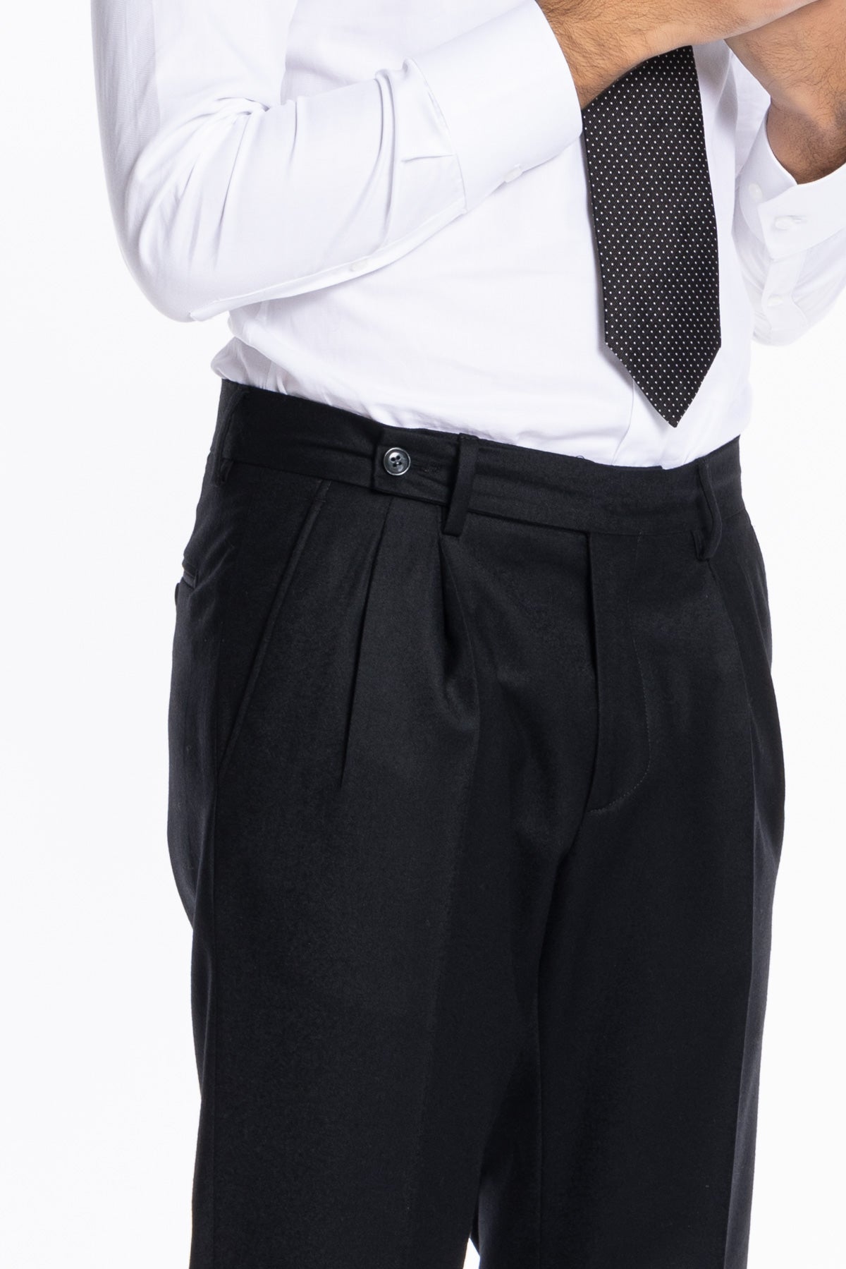 Pantalone uomo nero in lana e cashmere chiusura prolungata doppia pinces Bristol Tessuti Napoli
