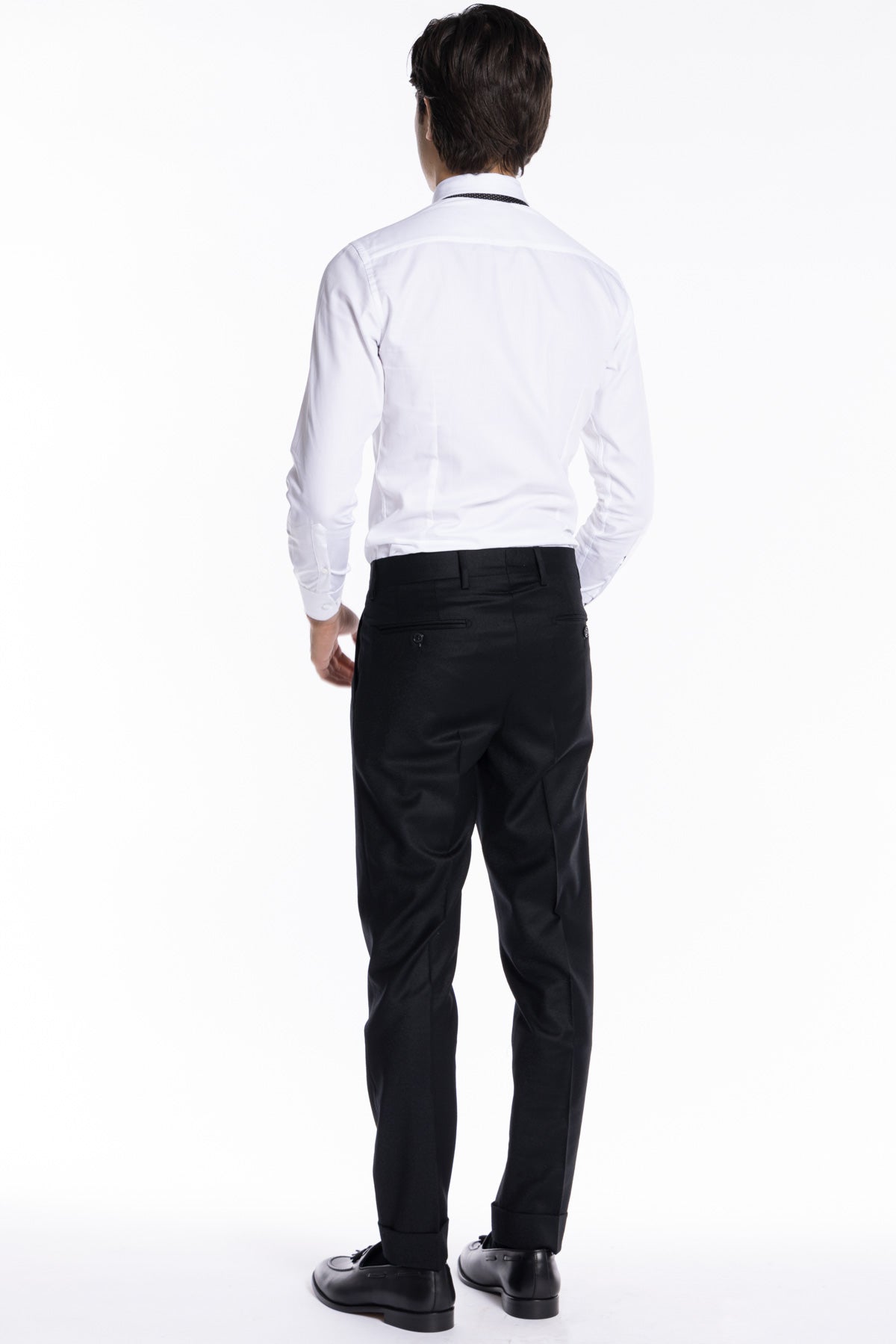 Pantalone uomo nero in lana e cashmere chiusura prolungata doppia pinces Bristol Tessuti Napoli