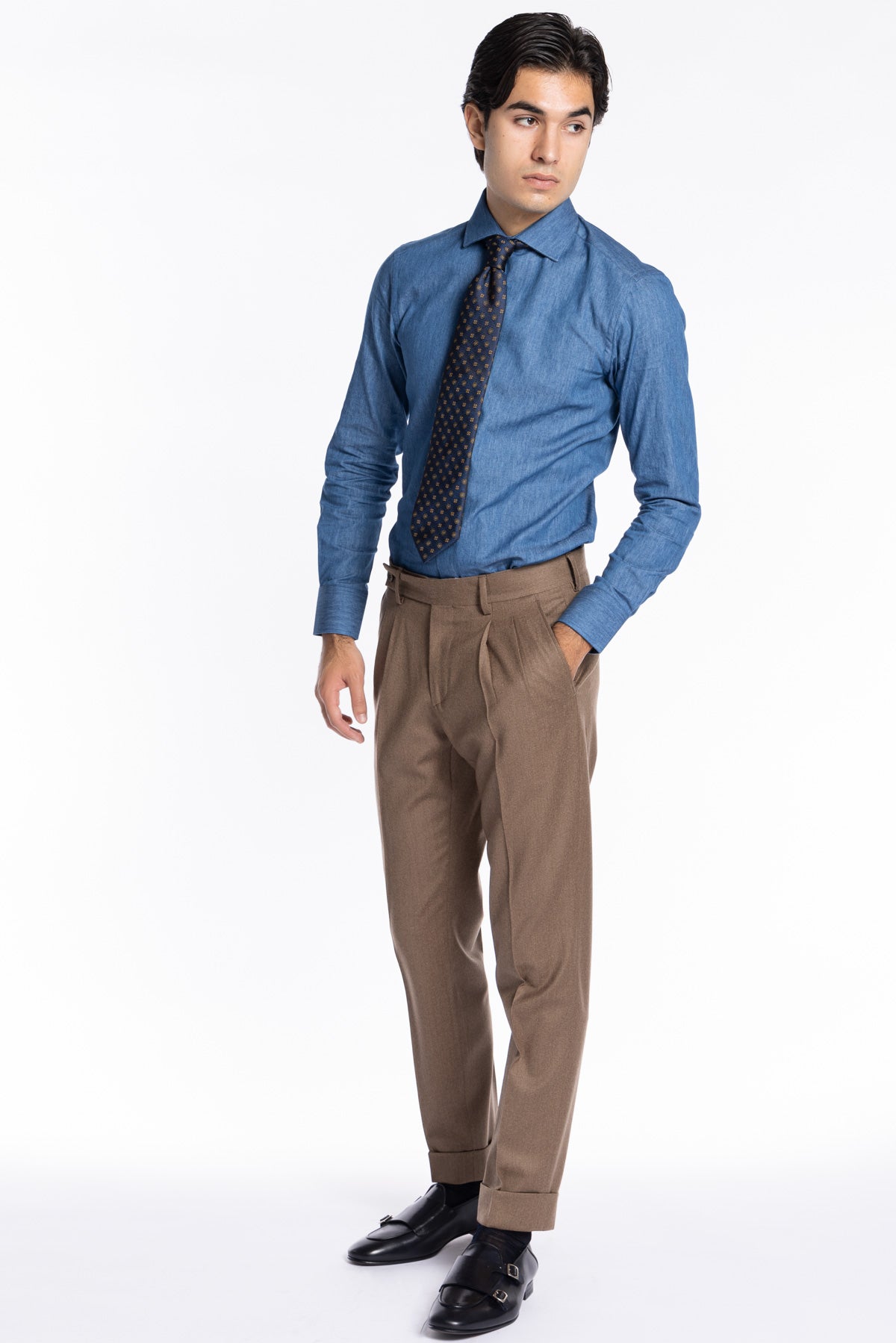 Pantalone uomo fango in lana e cashmere chiusura prolungata doppia pinces Bristol Tessuti Napoli
