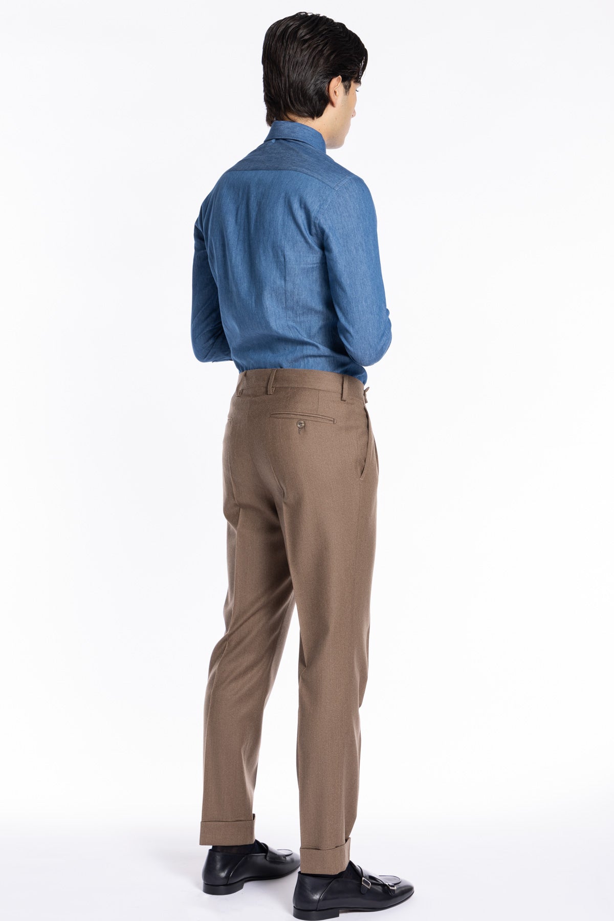 Pantalone uomo fango in lana e cashmere chiusura prolungata doppia pinces Bristol Tessuti Napoli