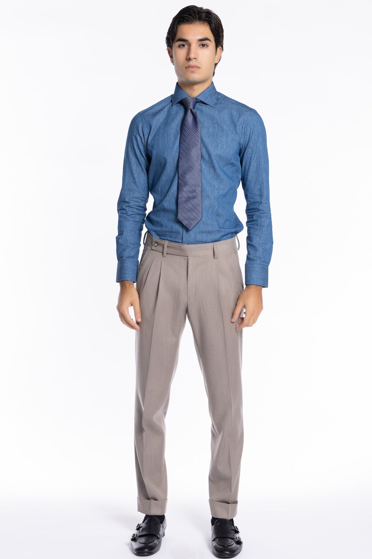 Pantalone uomo beige in lana e cashmere chiusura prolungata doppia pinces Bristol Tessuti Napoli