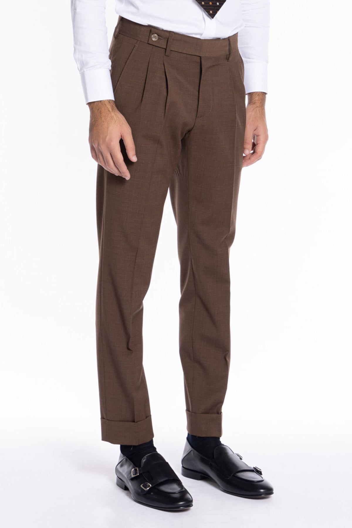 Pantalone uomo Marrone in fresco lana mista chiusura prolungata doppia pinces