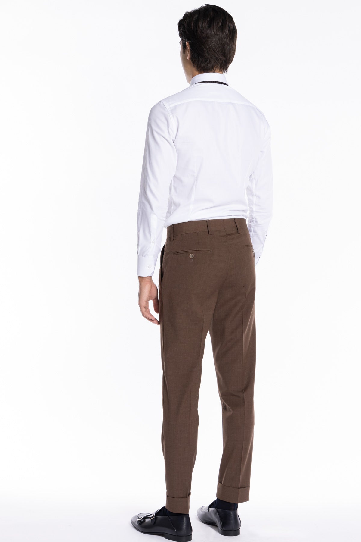 Pantalone uomo Marrone in fresco lana mista chiusura prolungata doppia pinces