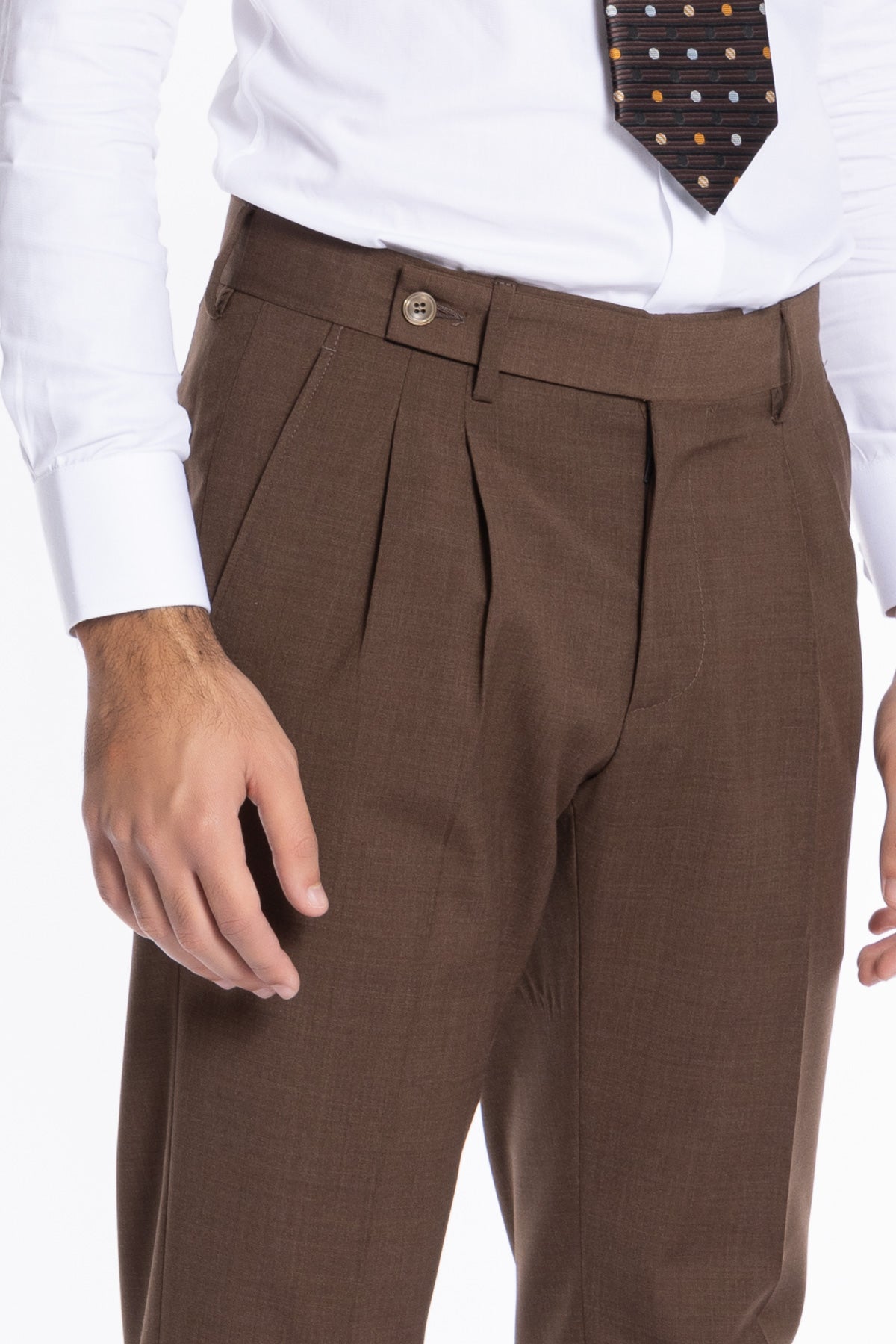 Pantalone uomo Marrone in fresco lana mista chiusura prolungata doppia pinces