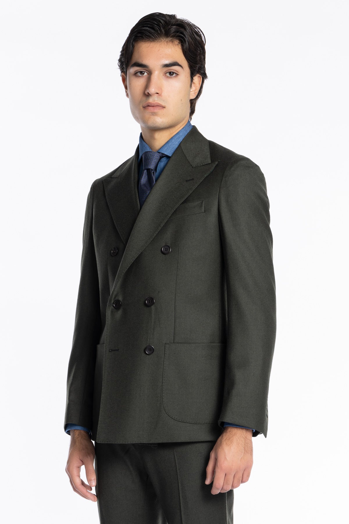 Giacca uomo Doppiopetto Verde militare in lana e Cashmere Rever a lancia Bristol Tessuti Napoli