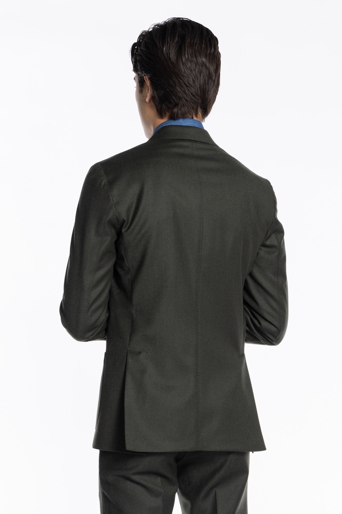 Giacca uomo Doppiopetto Verde militare in lana e Cashmere Rever a lancia Bristol Tessuti Napoli