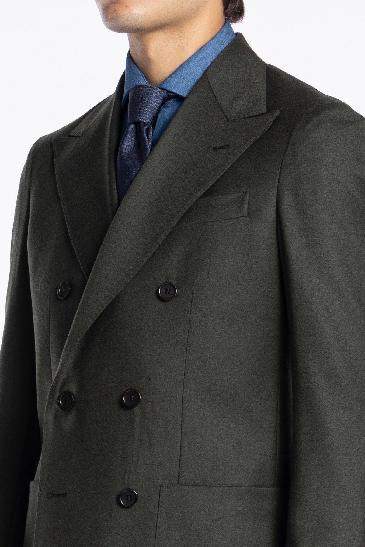 Giacca uomo Doppiopetto Verde militare in lana e Cashmere Rever a lancia Bristol Tessuti Napoli