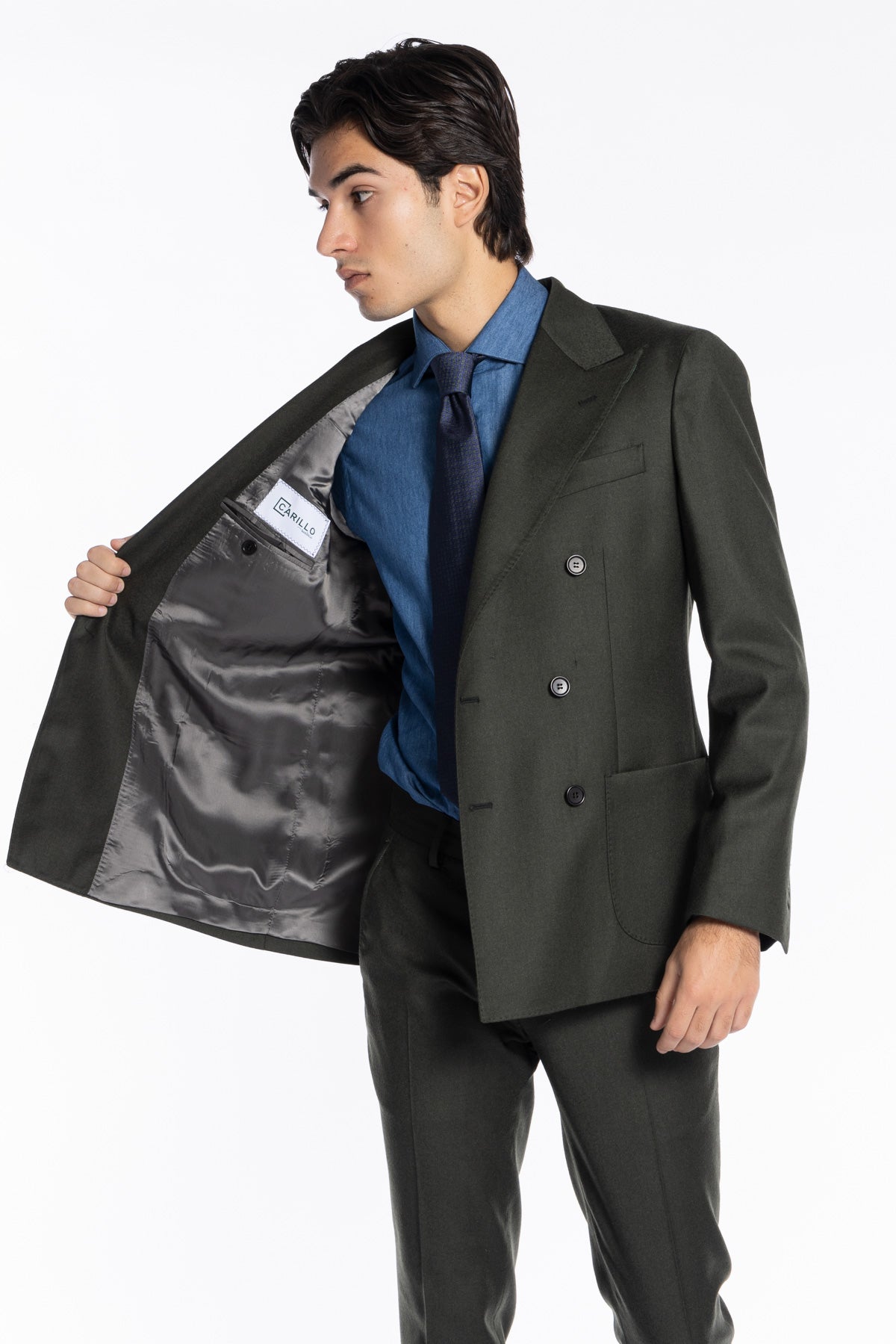 Giacca uomo Doppiopetto Verde militare in lana e Cashmere Rever a lancia Bristol Tessuti Napoli