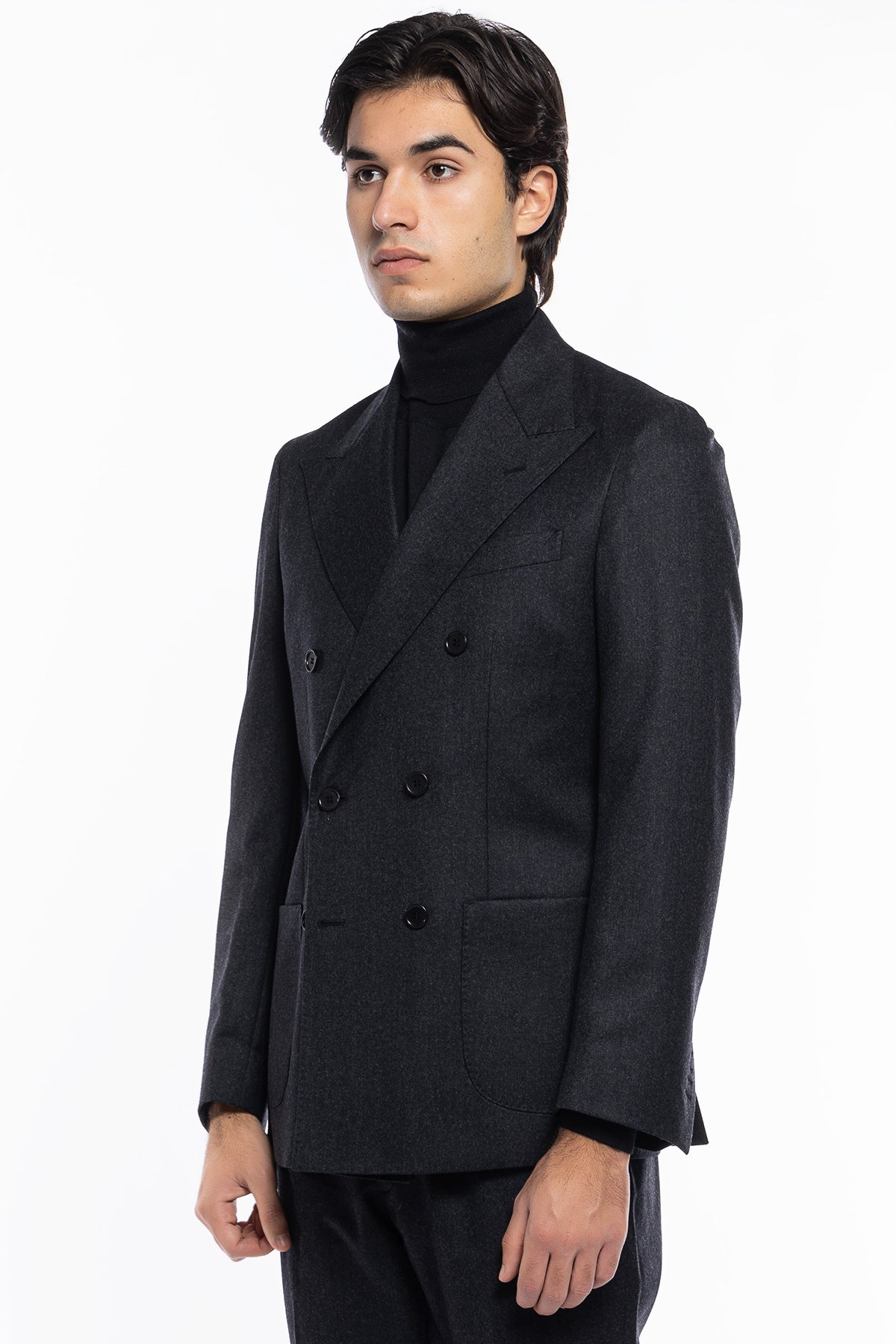Giacca uomo Doppiopetto Grigio scuro in lana Flanella Vitale Barberis Canonico slim fit rever largo sartoriale