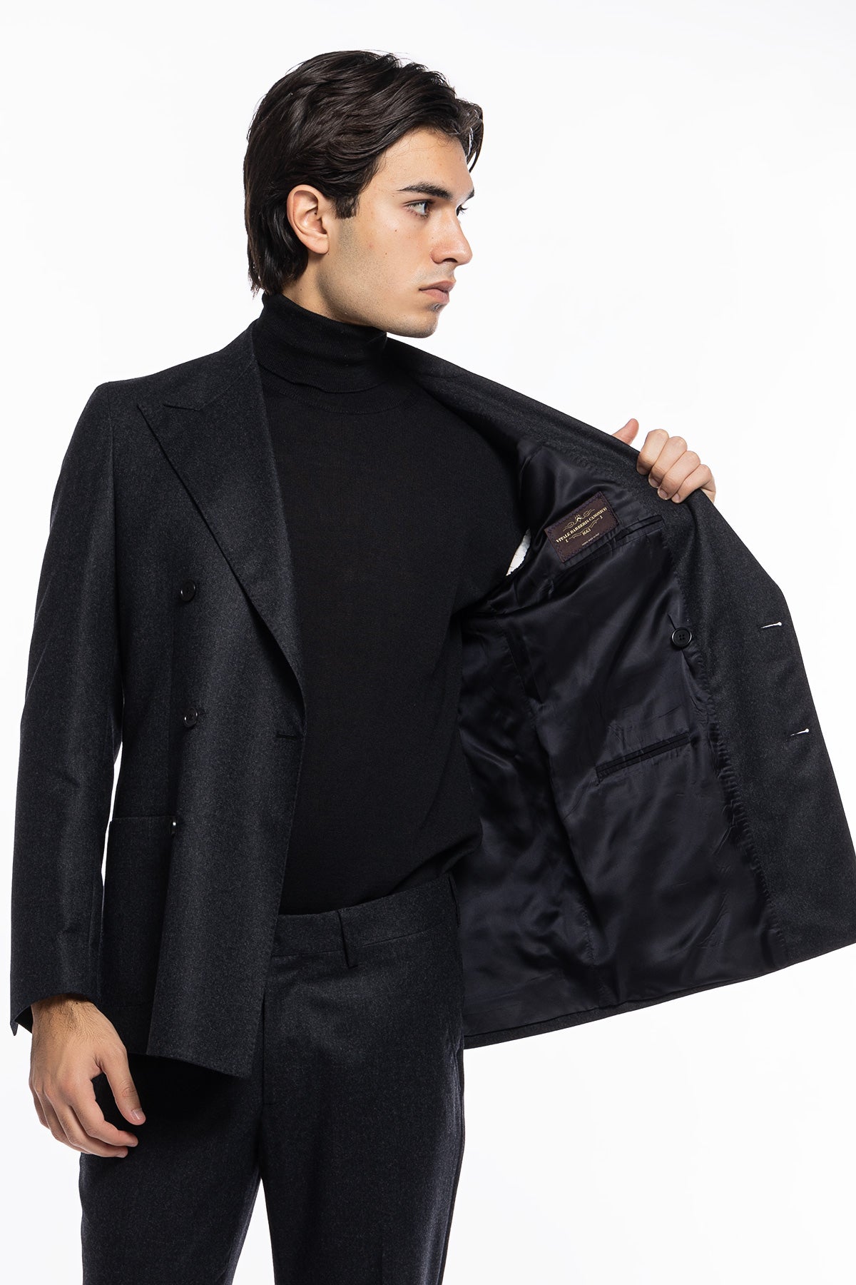 Giacca uomo Doppiopetto Grigio scuro in lana Flanella Vitale Barberis Canonico slim fit rever largo sartoriale